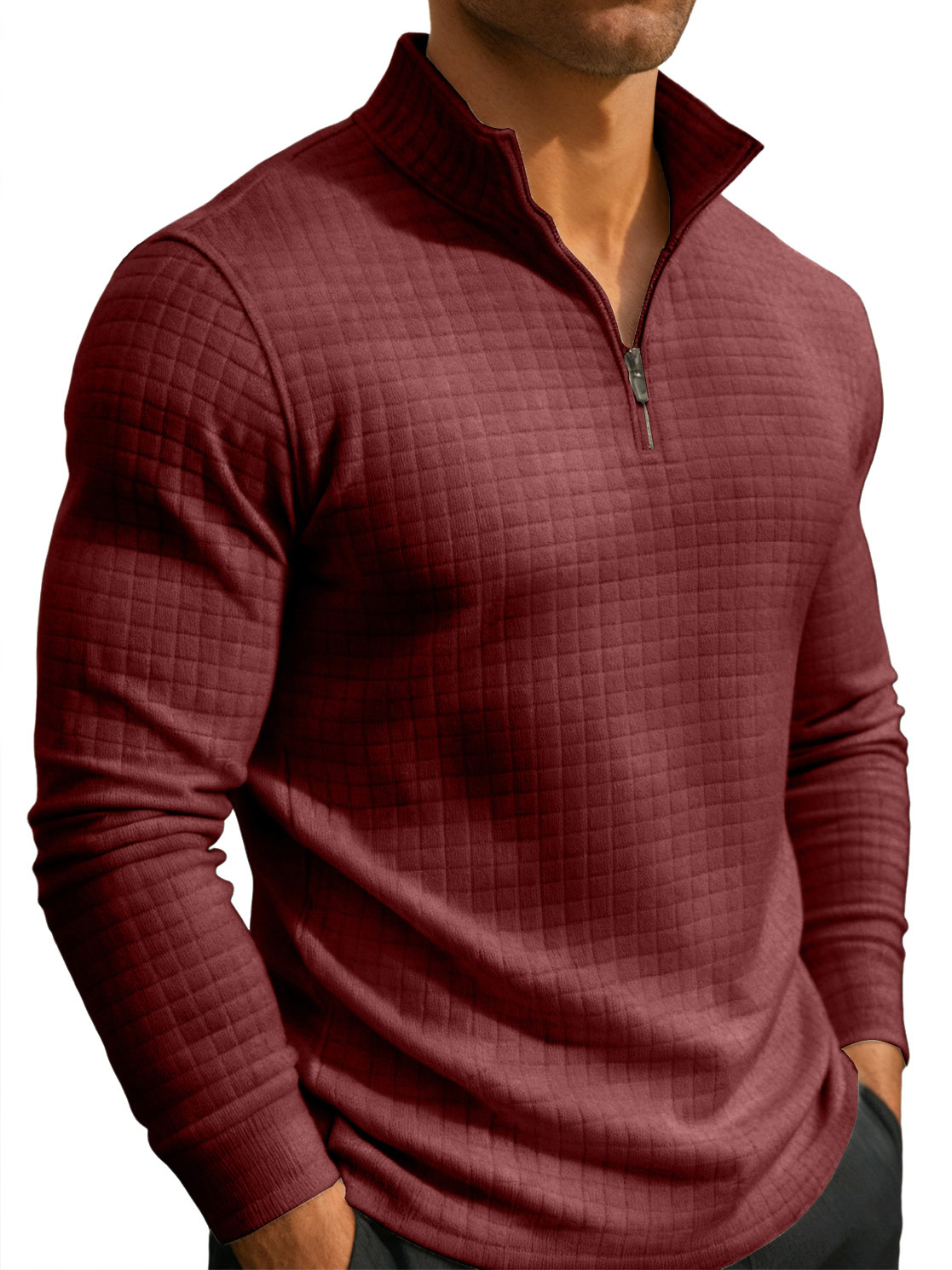 Men's Casual Fashion Waffle Knit Stand Collar Zips Sweatshirt