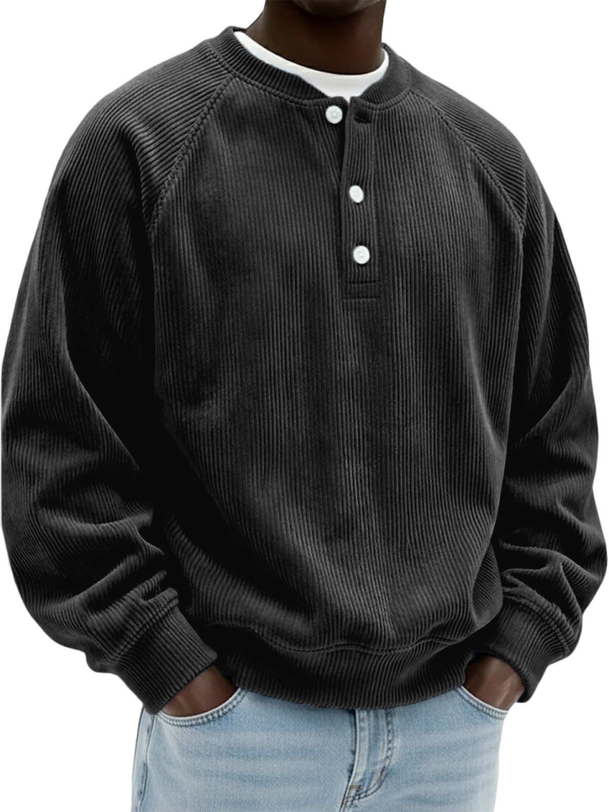 Men's Simple Vintage Ribbed Henley Raglan Pullover Top