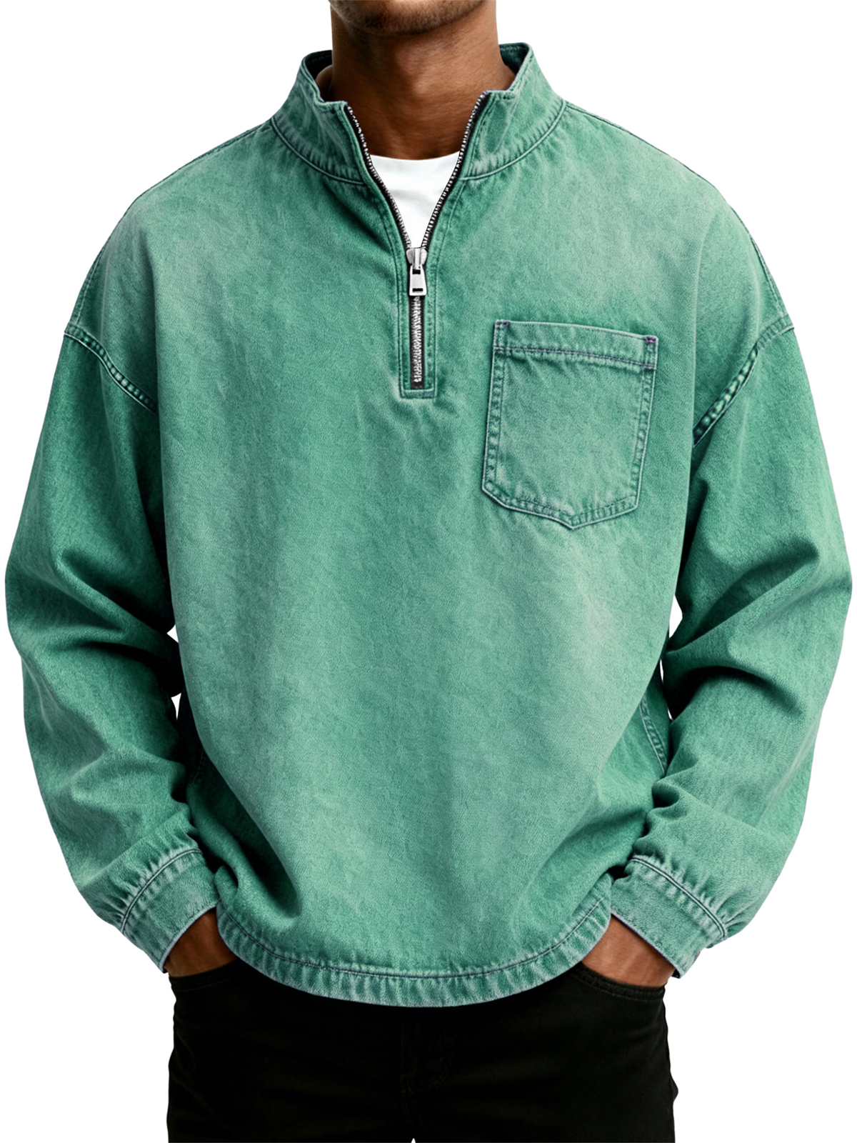 Men's Retro Washed Distressed Stand Collar Half Zipper Pocket Long Sleeve T-Shirt