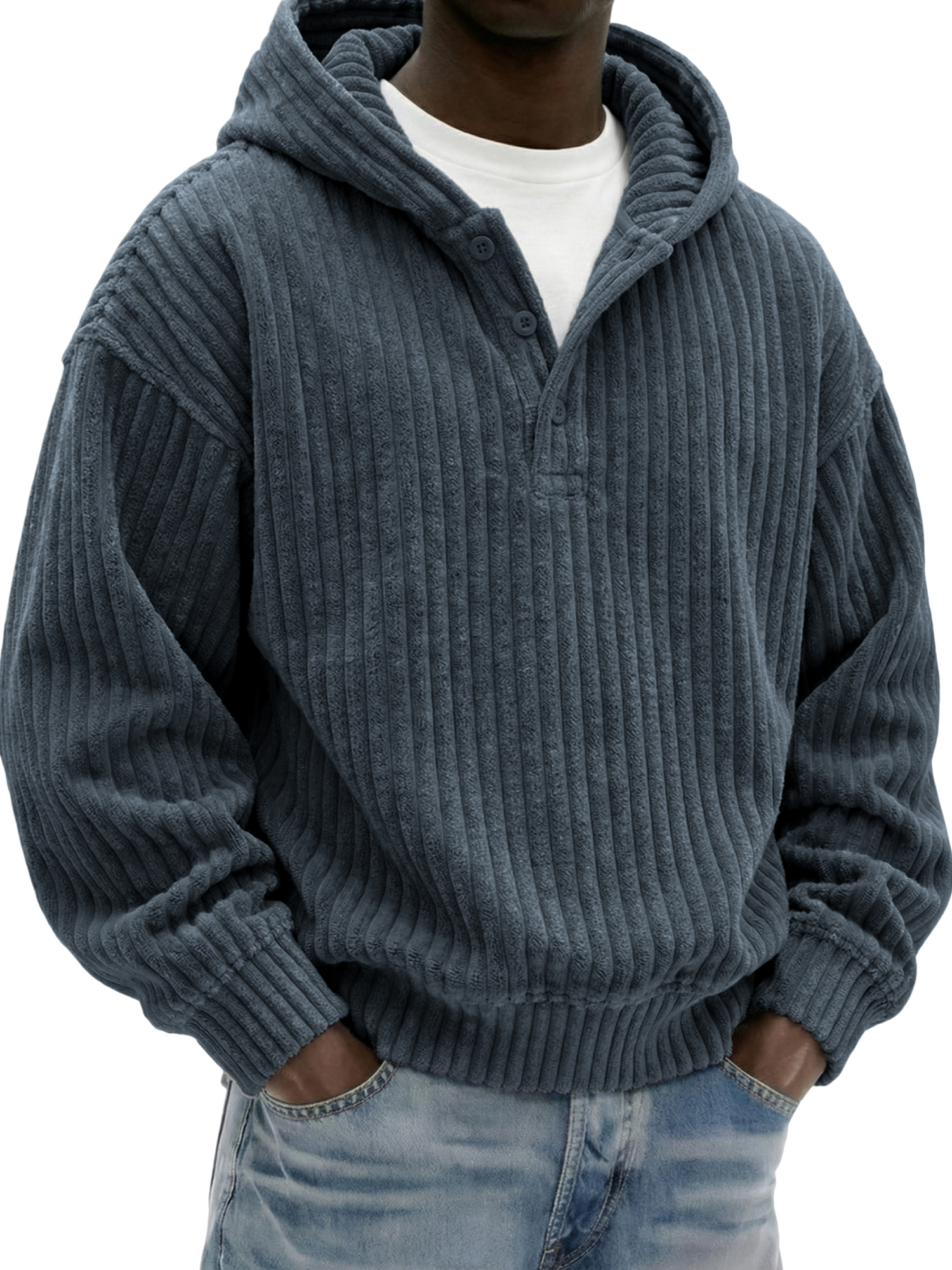 Men's Vintage Corduroy Ribbed Henley Button-down Hoodie Loose-Fit Comfort Pullover