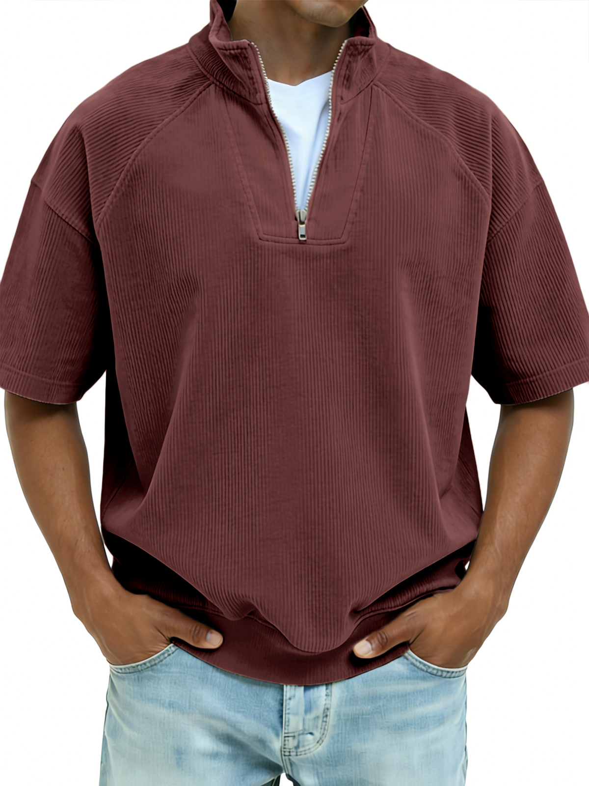 Ribbed Half-zip Patchwork Polo Shirt