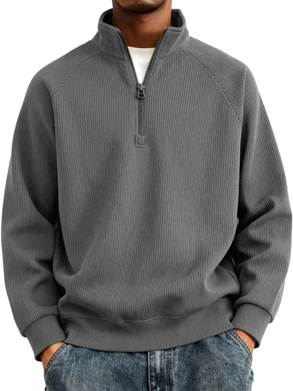 Men's Simple Casual Ribbed Stand Collar Zipper Raglan Sleeve Sweatshirt