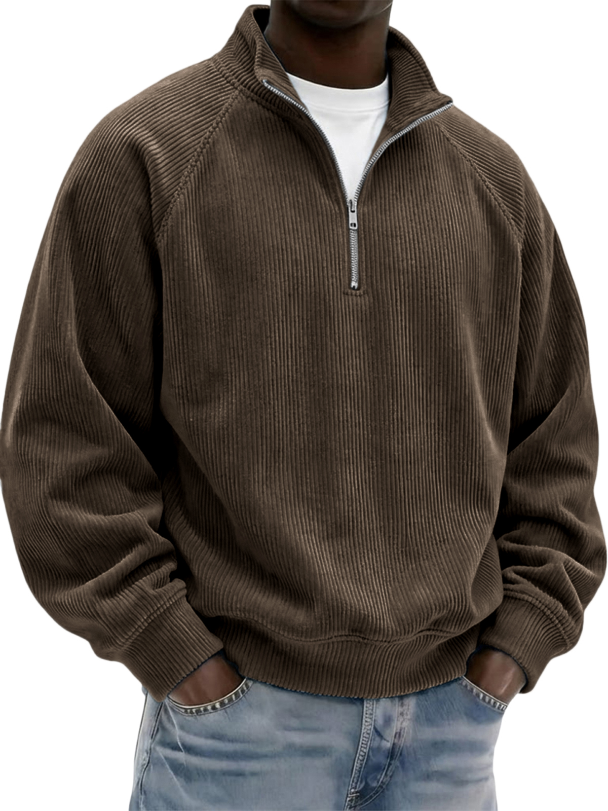 Men's Stylish Vintage Corduroy Quarter-zip Raglan Sleeve Pullover Polo Shirt