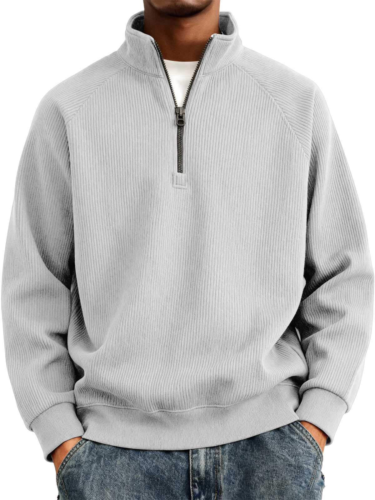 Men's Simple Casual Ribbed Stand Collar Zipper Raglan Sleeve Sweatshirt