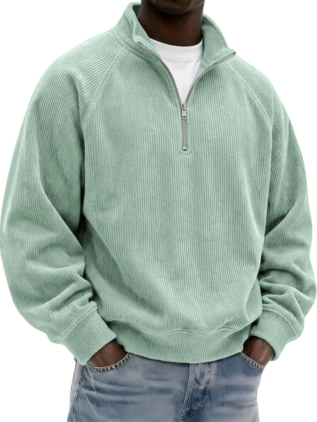 Men's Stylish Vintage Corduroy Quarter-zip Raglan Sleeve Pullover Polo Shirt