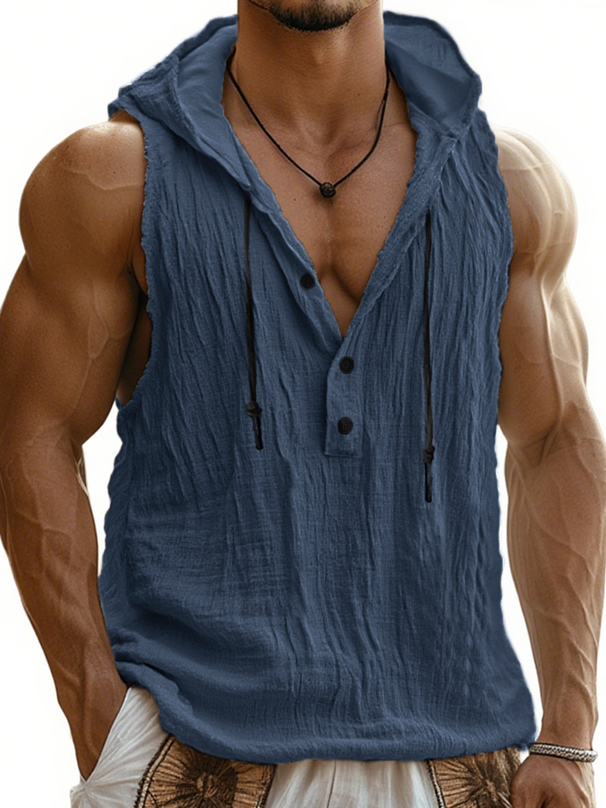 Men's Comfort Linen Sun-proof Drawstring Hooded Sleeveless Vest Vacation Henley Shirt