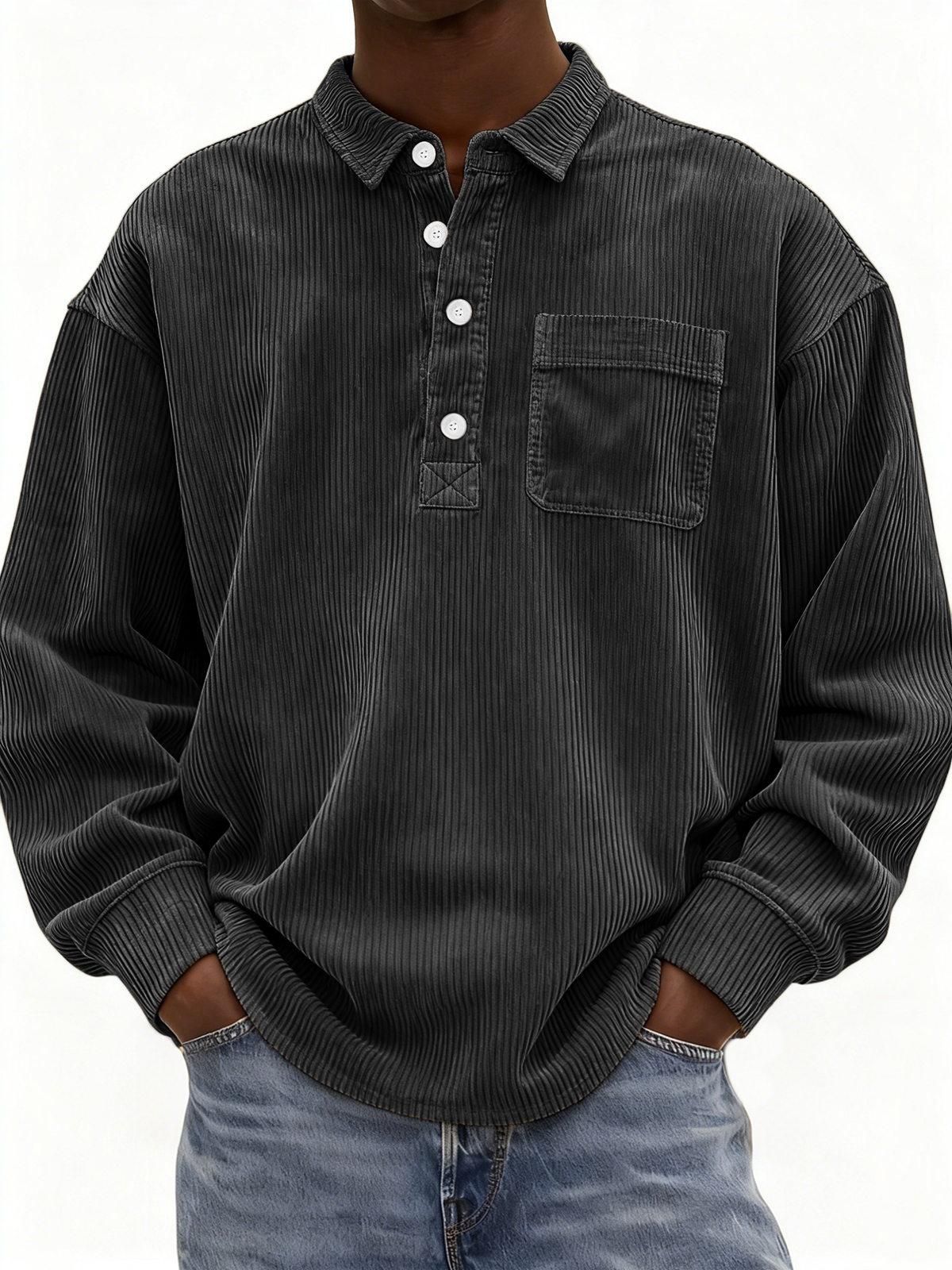 Men's Simple Corduroy Ribbed Button-down Pullover Polo Shirt with Chest Pocket