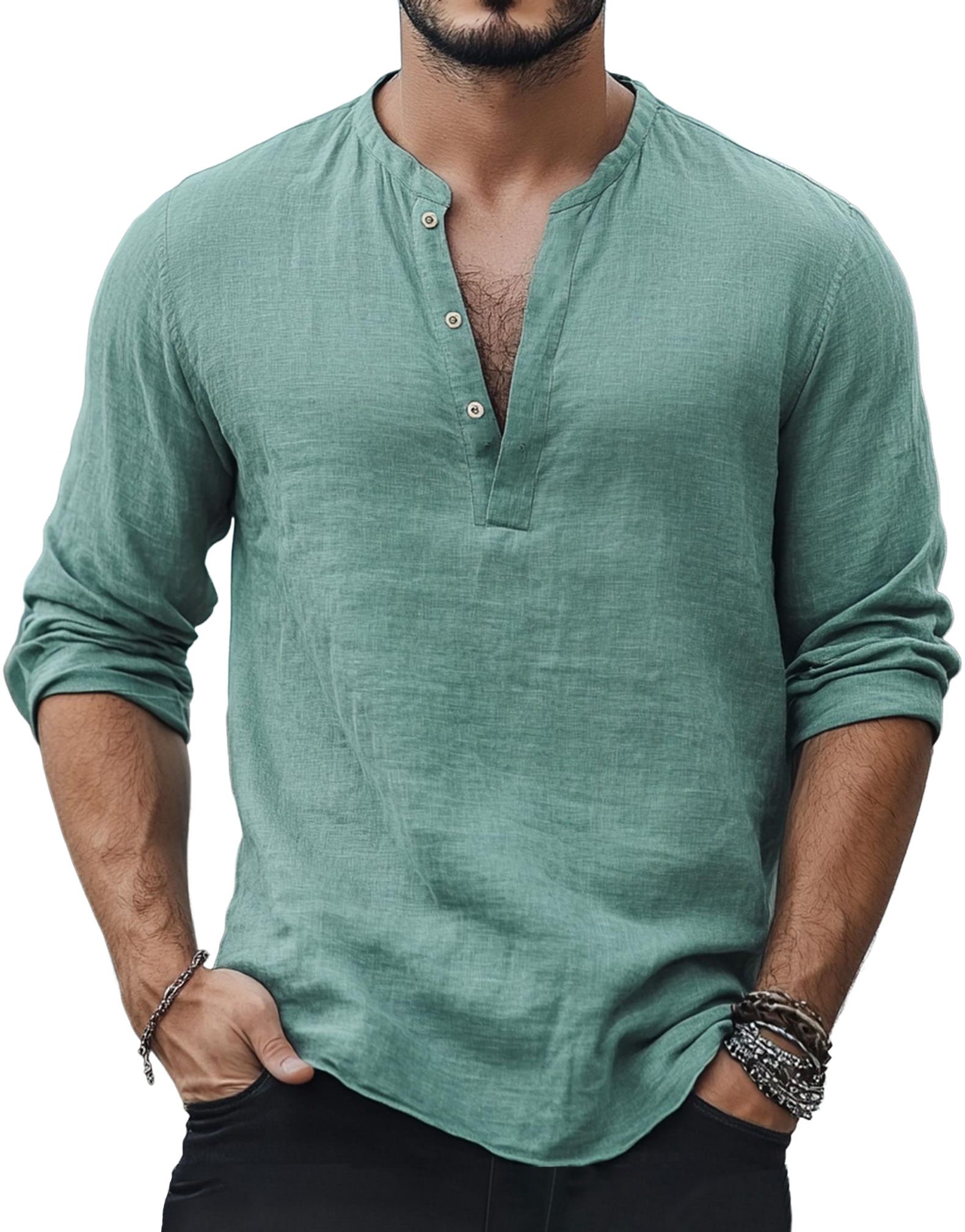 Men's Casual Fashion Basic Casual Henley Collar Cotton And Linen Long-sleeved Top
