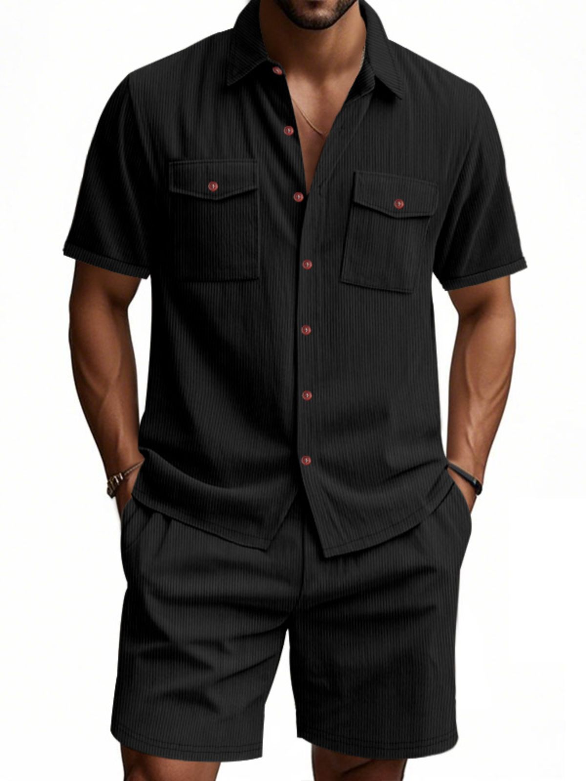 Men's Corduroy Double Pocket Texture Casual Short-sleeved Shirt Shorts Two-piece Suit