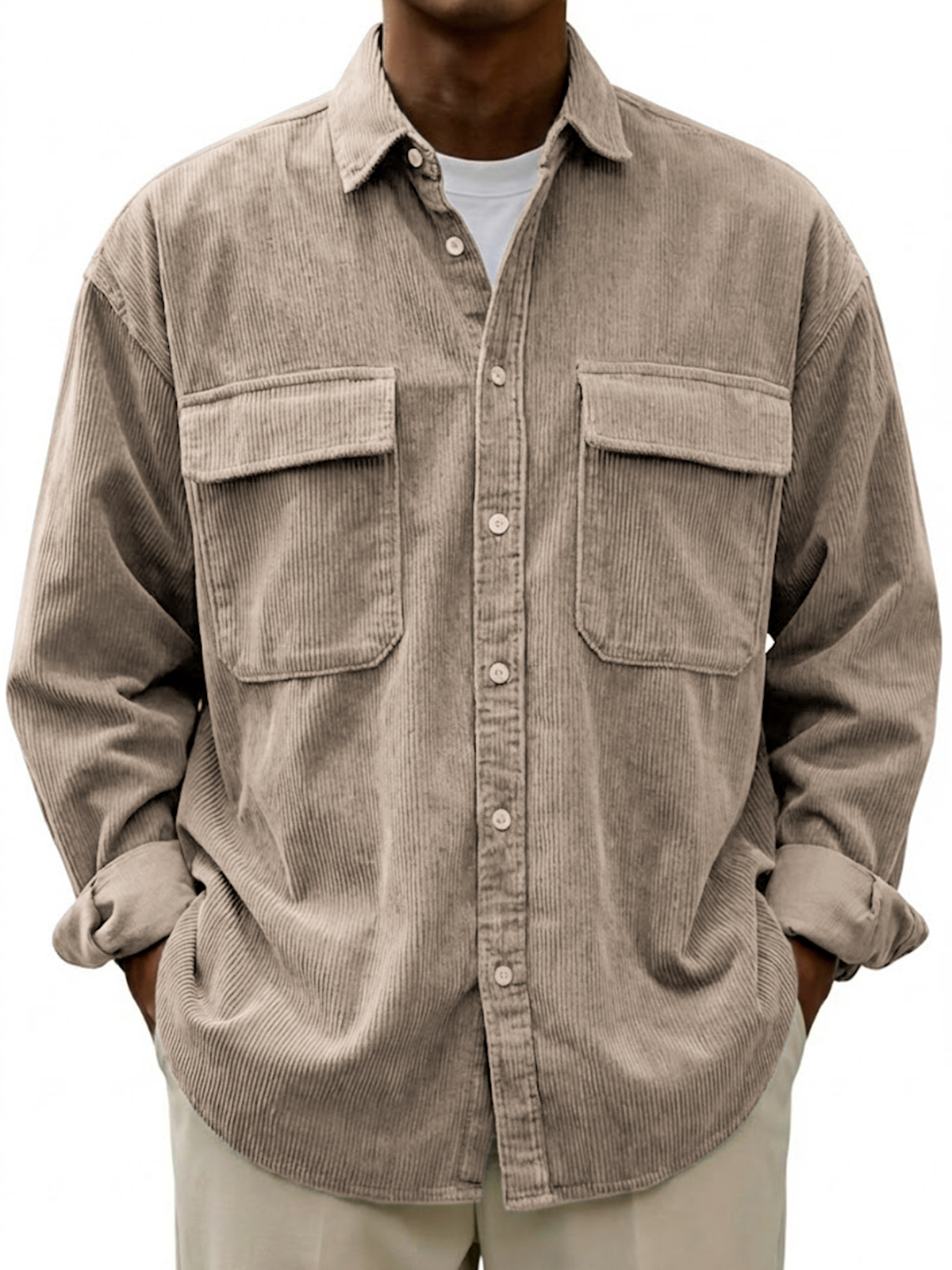 Men's Vintage Corduroy Textured Stylish Practical Workwear Double-pocket Long-sleeved Shirt