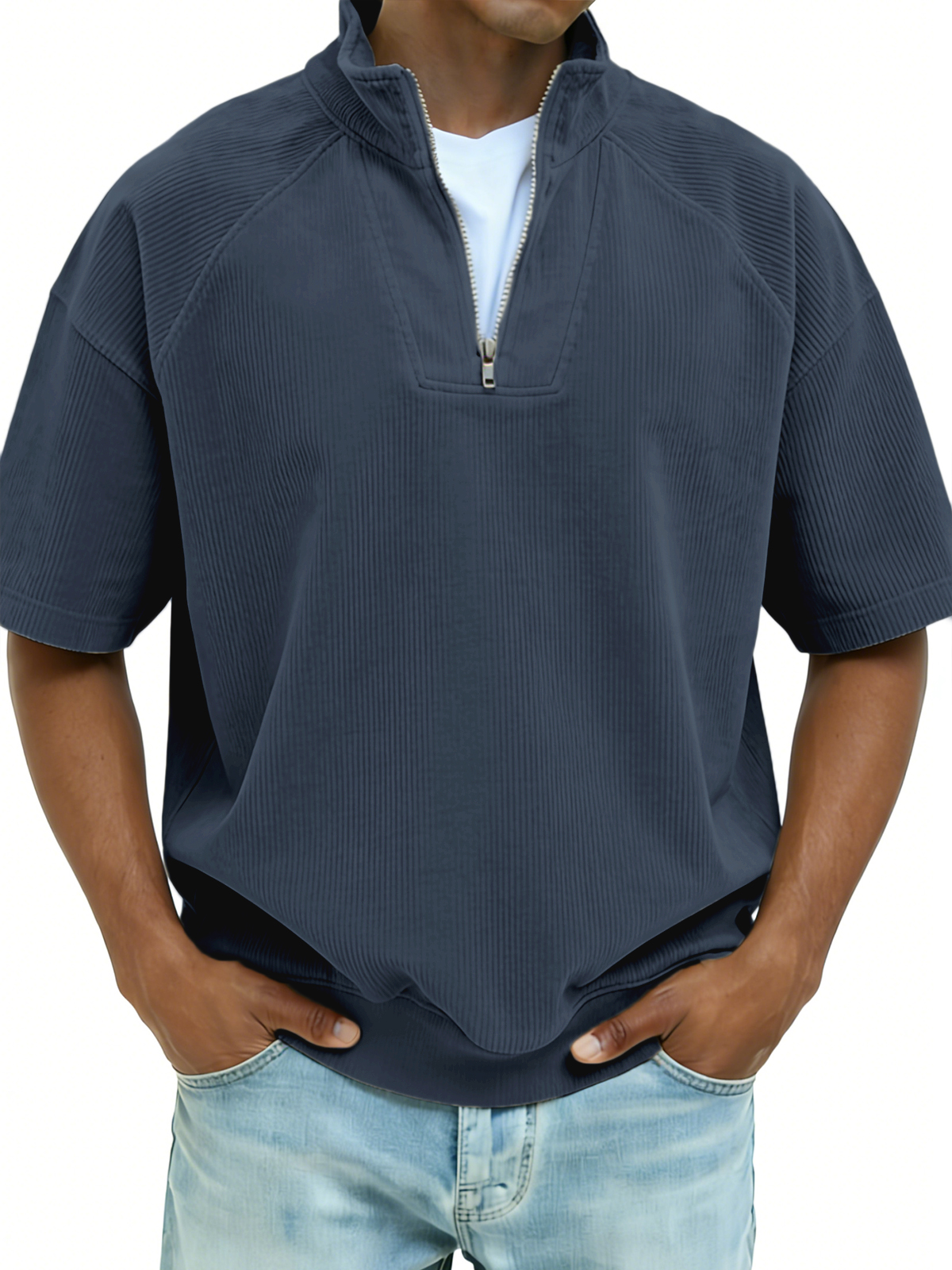 Ribbed Half-zip Patchwork Polo Shirt