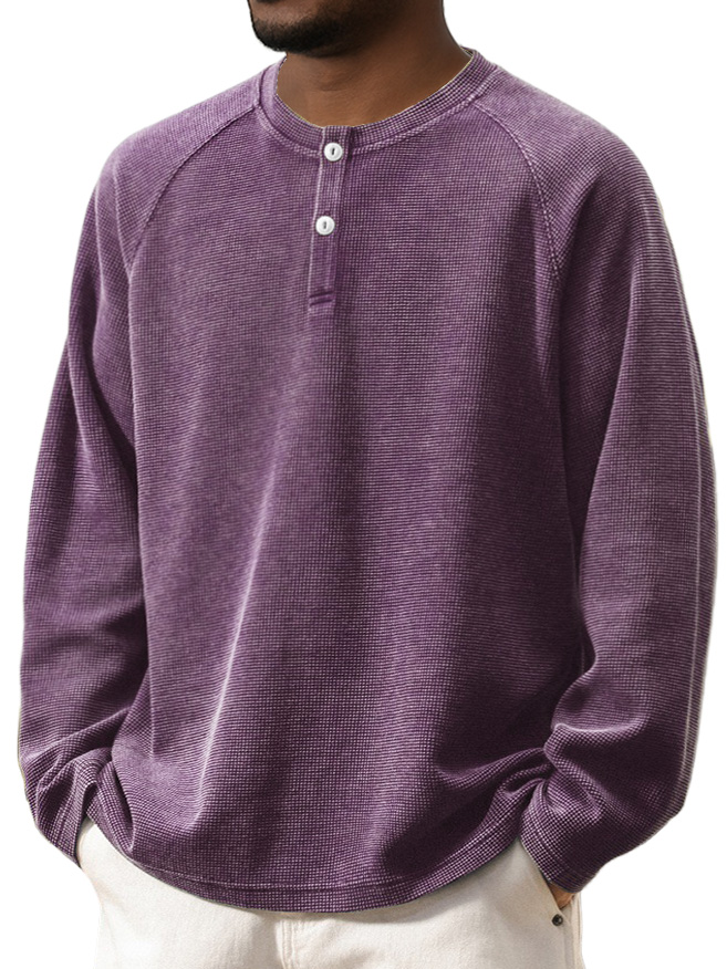 Men's Retro Fashion Washed Waffle Gown with Raglan Sleeves and Henley Style Long Sleeves