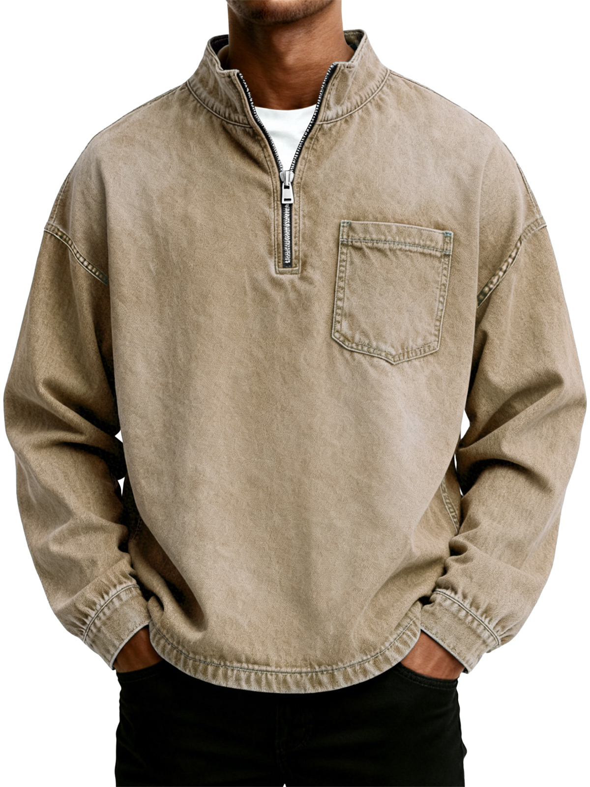 Men's Retro Washed Distressed Stand Collar Half Zipper Pocket Long Sleeve T-Shirt