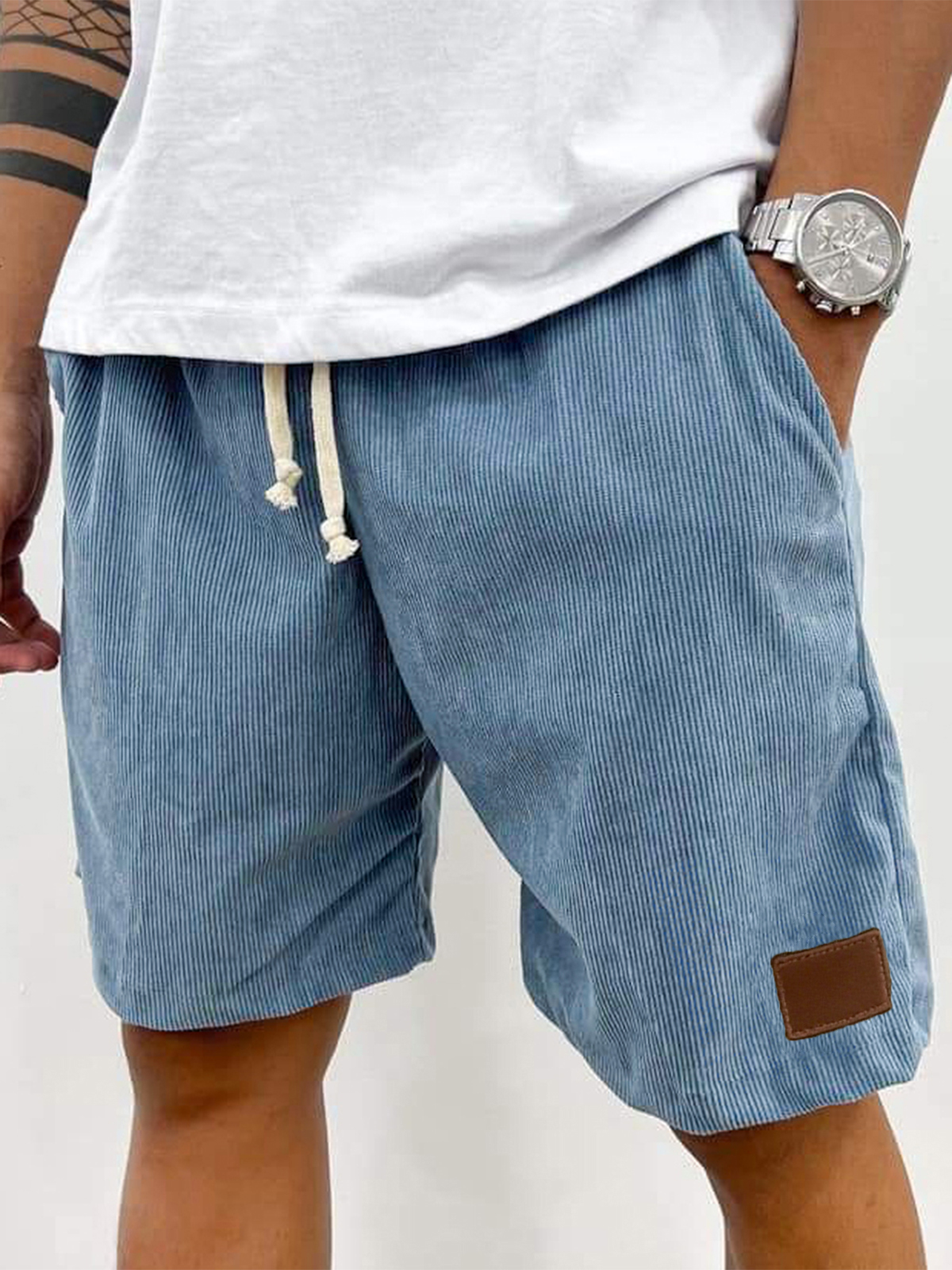 Men's Stylish Corduroy Embroidered Logo Everyday Beach Loose Shorts