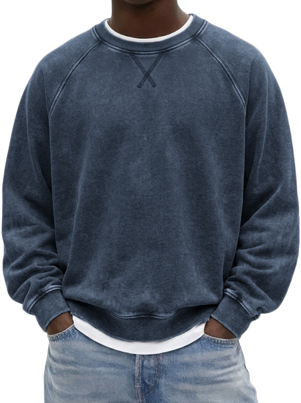 Men's Vintage Heavyweight Terry Cotton Washed Raglan Crewneck Sweatshirt with Embroidered Patchwork