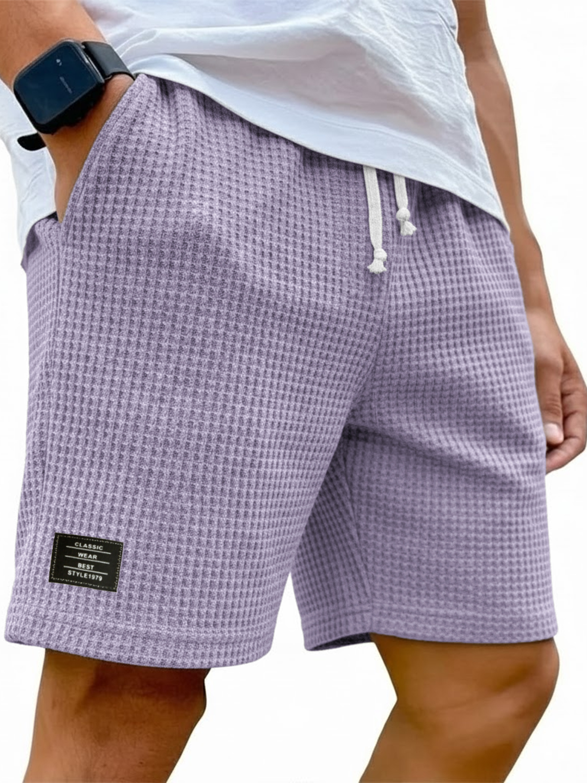 Men's Simple Waffle Texture Drawstring Embroidered Label Shorts