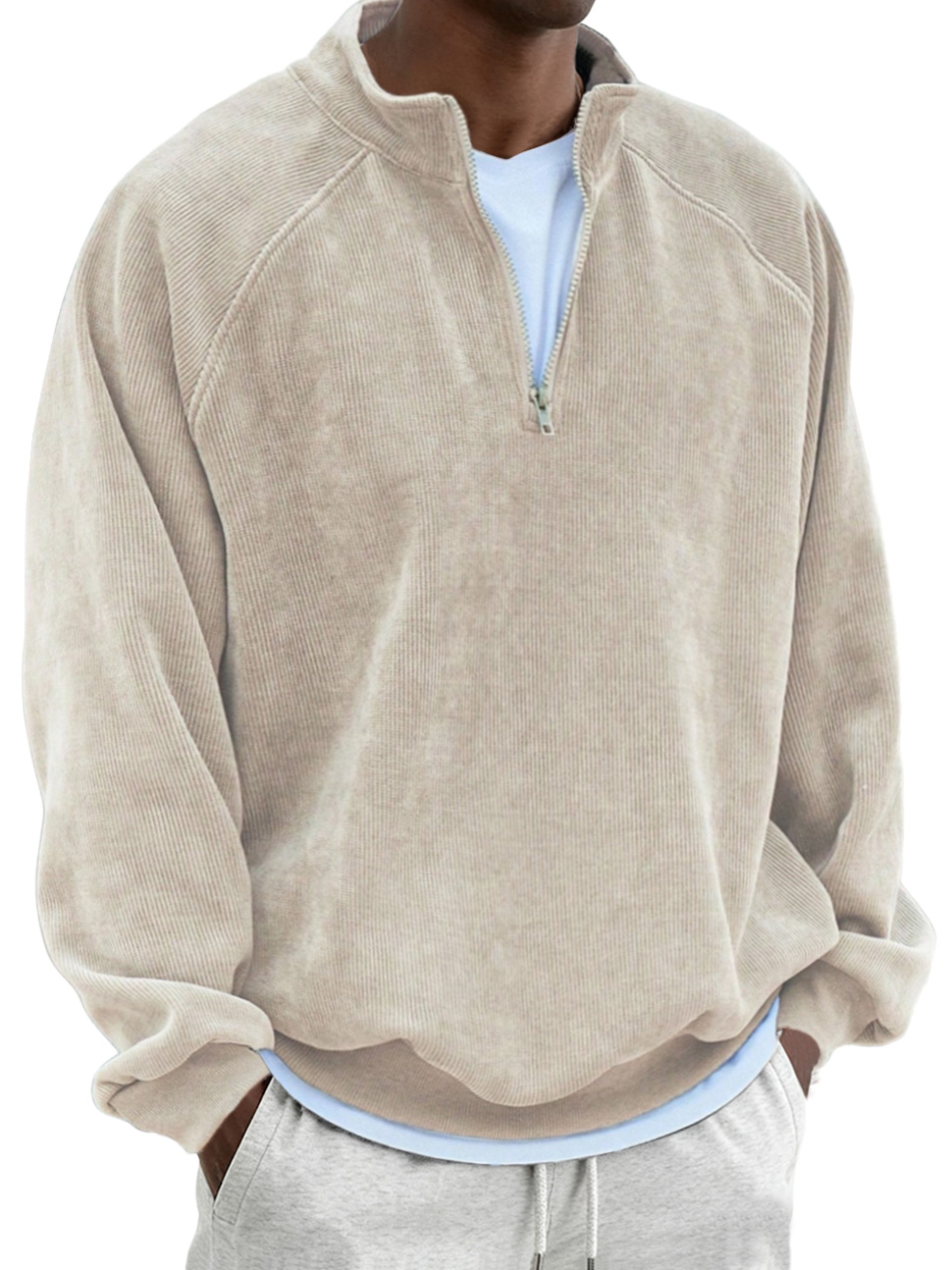 Men's Retro Fashion Corduroy Patchwork Raglan Sleeve Quarter Zip Sweatshirt