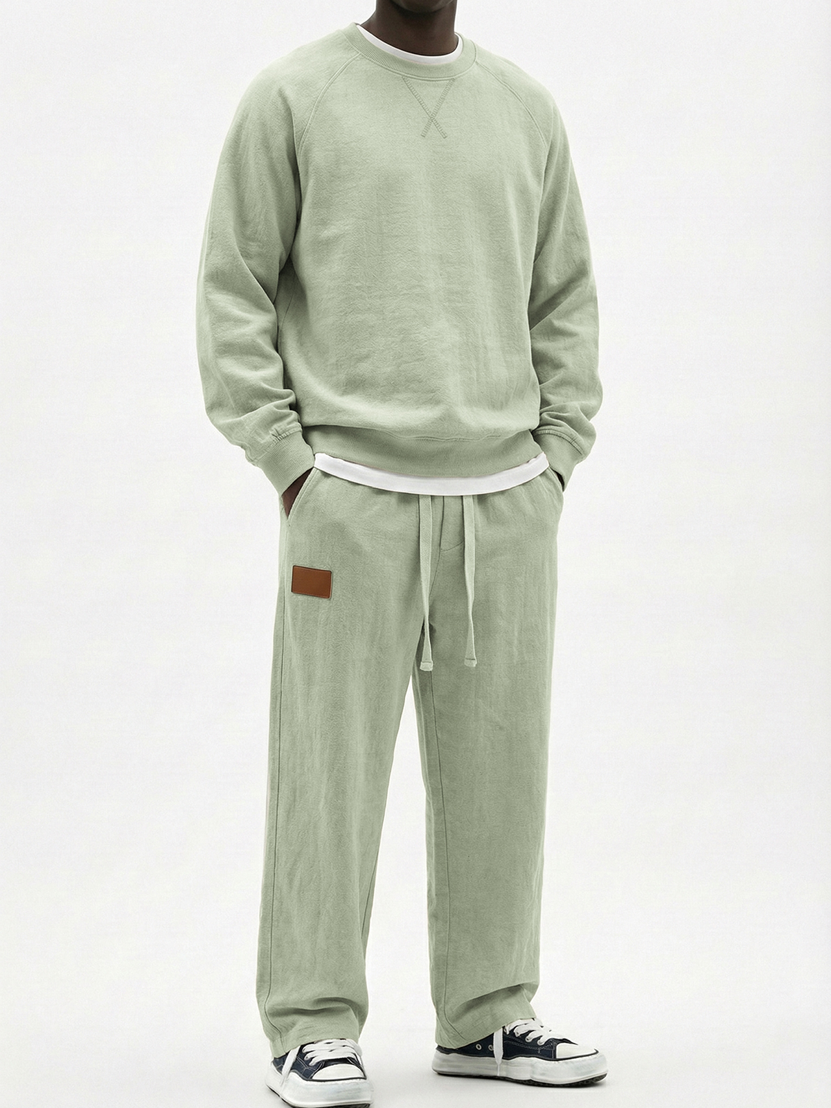 Men's Casual Cotton Embroidered Patchwork Long-Sleeve T-Shirt and Pants Set