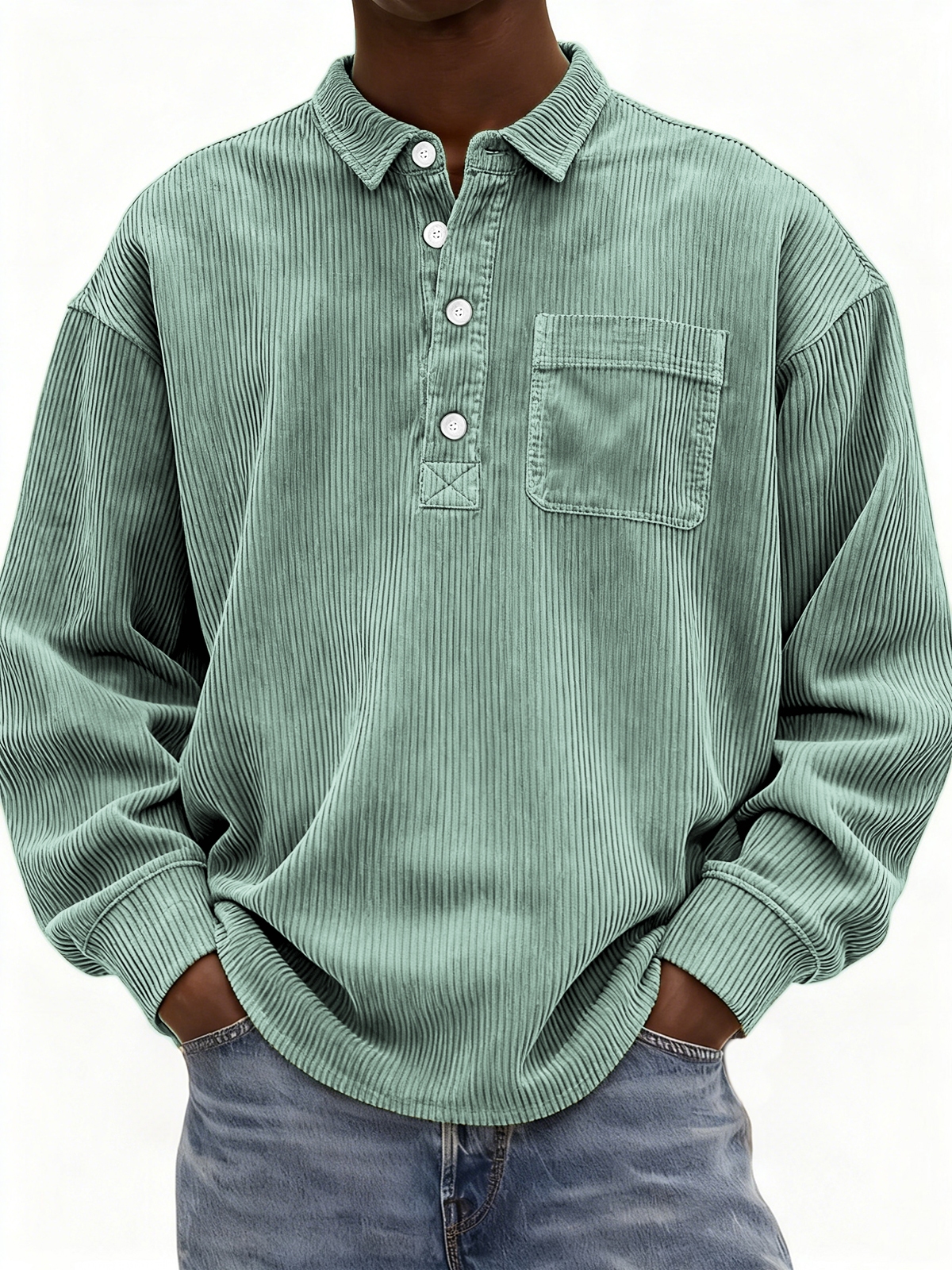 Men's Simple Corduroy Ribbed Button-down Pullover Polo Shirt with Chest Pocket
