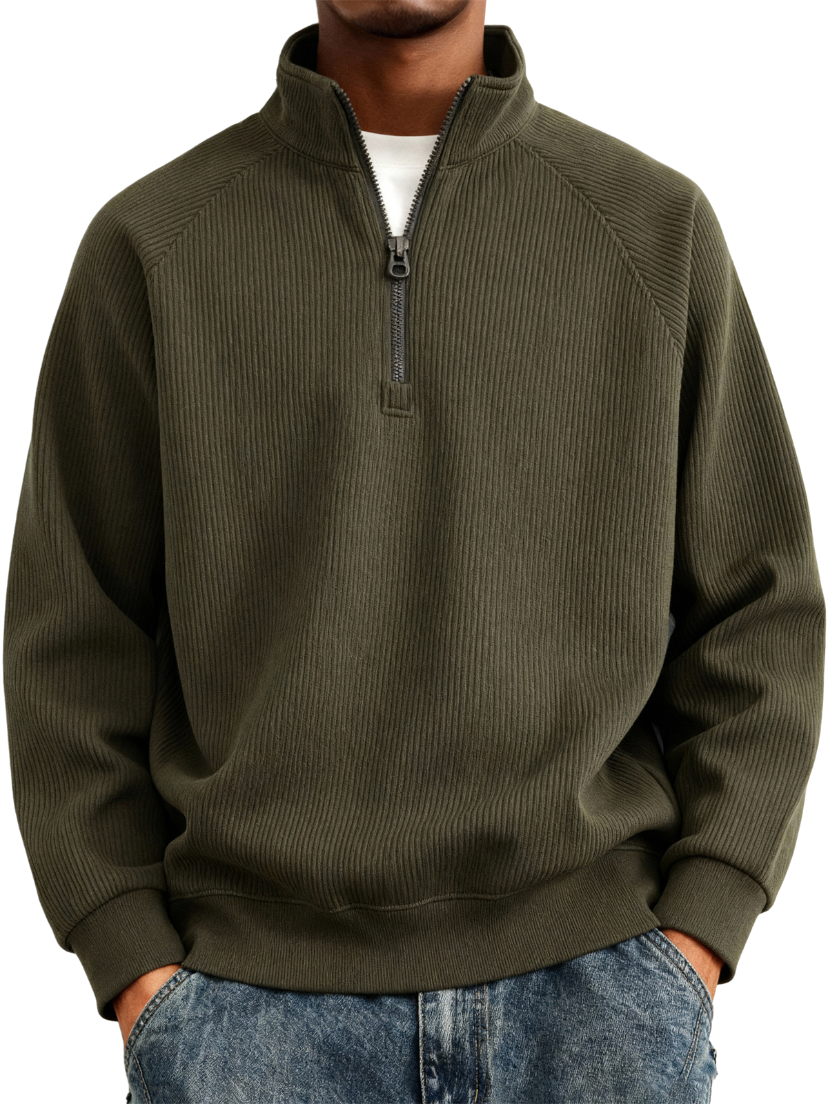 Men's Simple Casual Ribbed Stand Collar Zipper Raglan Sleeve Sweatshirt