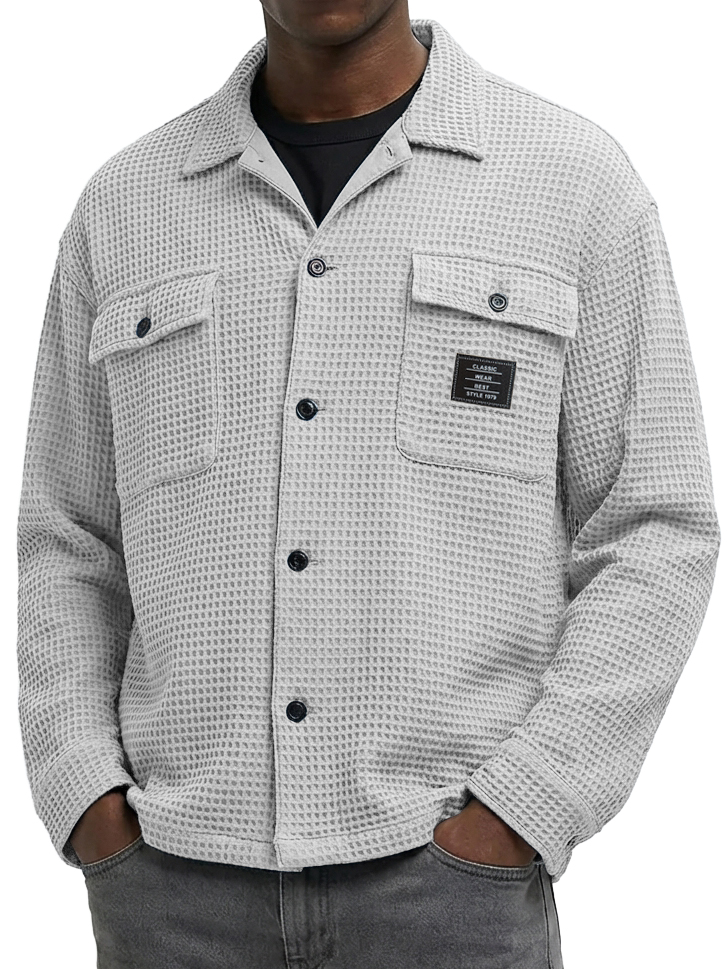 Men's Casual Waffle Fabric Double Pocket Long-Sleeve Shirt