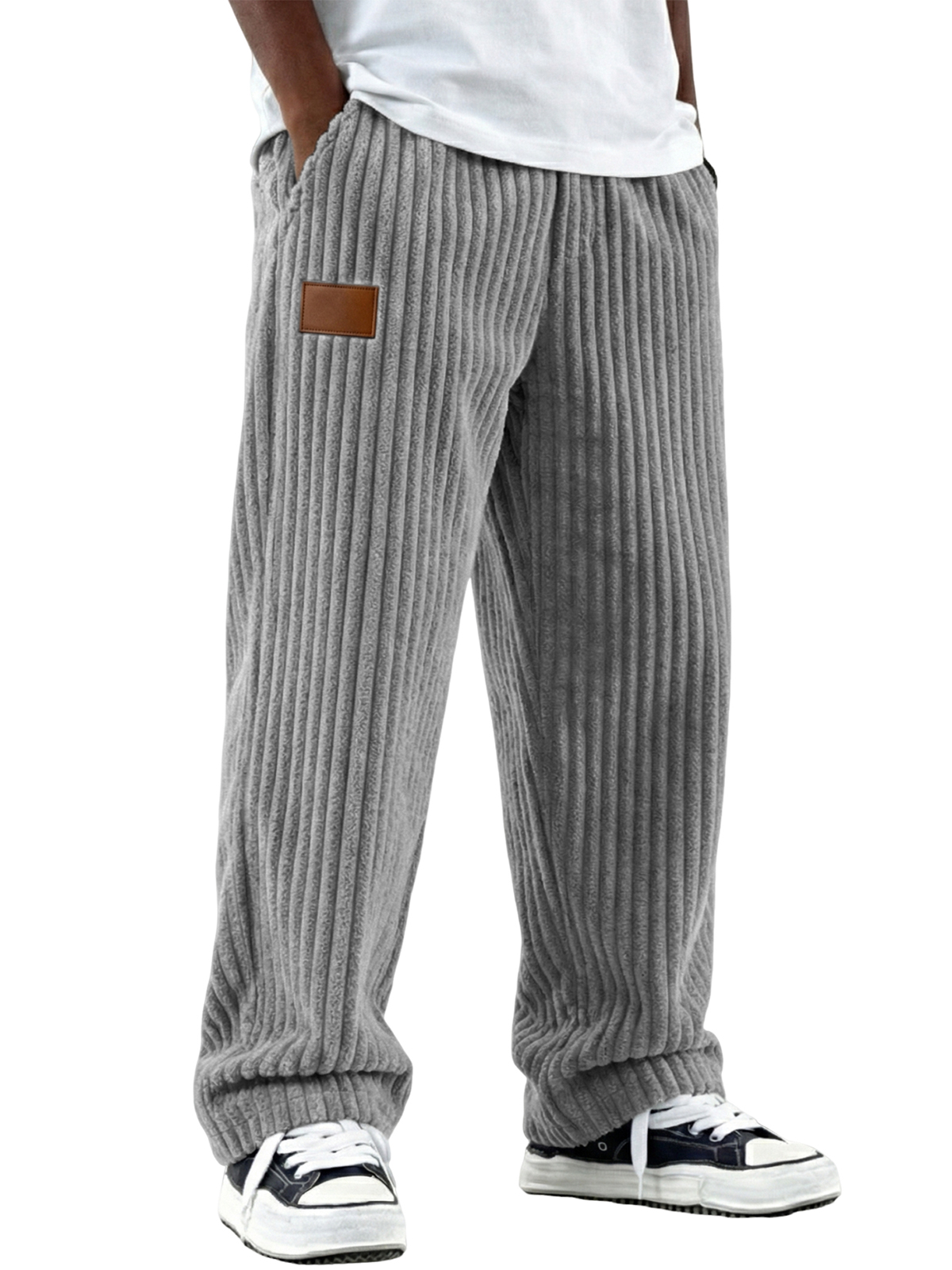 Men's Vintage Comfort Corduroy Pants with Leather Embroidery Patchwork