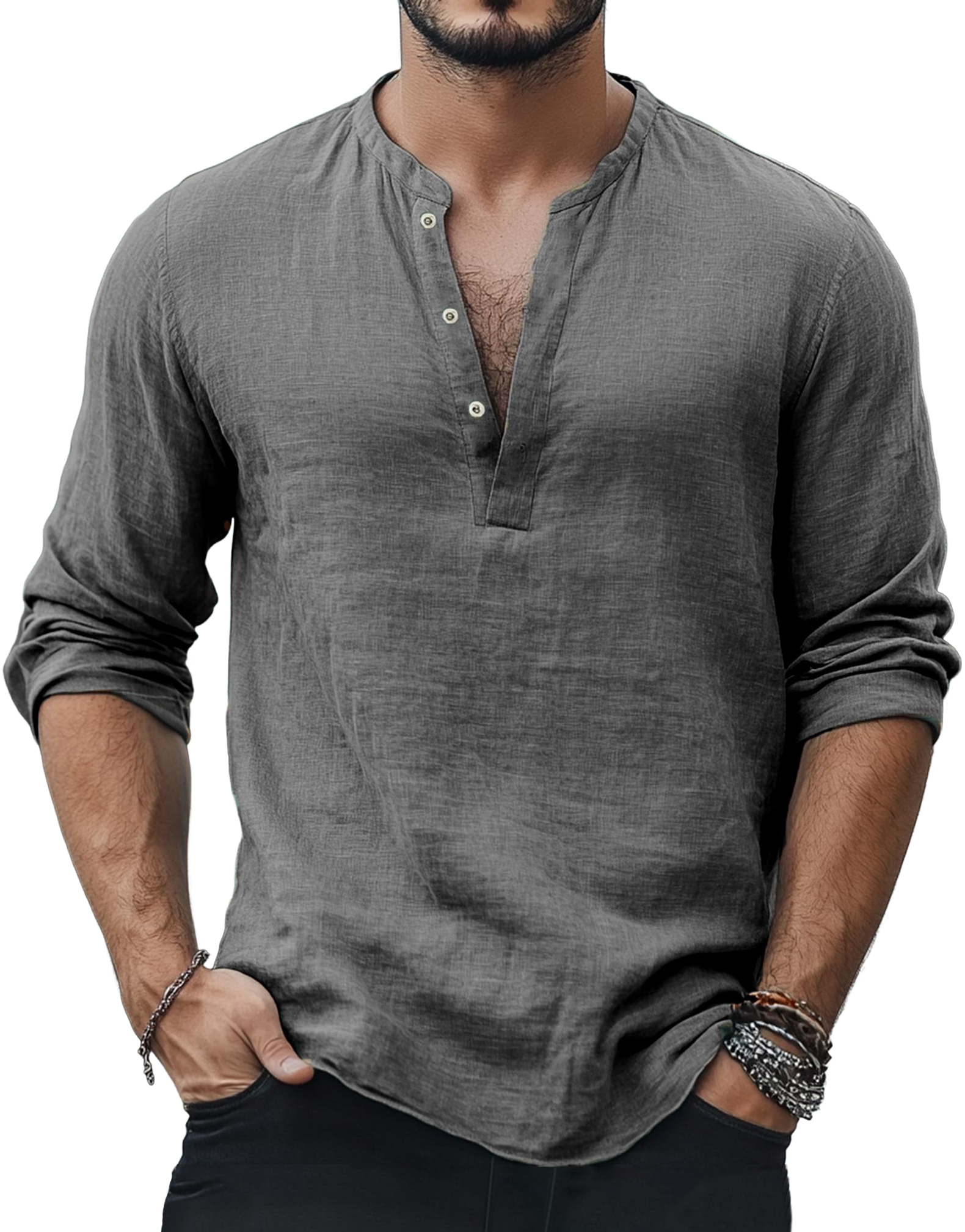Men's Casual Fashion Basic Casual Henley Collar Cotton And Linen Long-sleeved Top