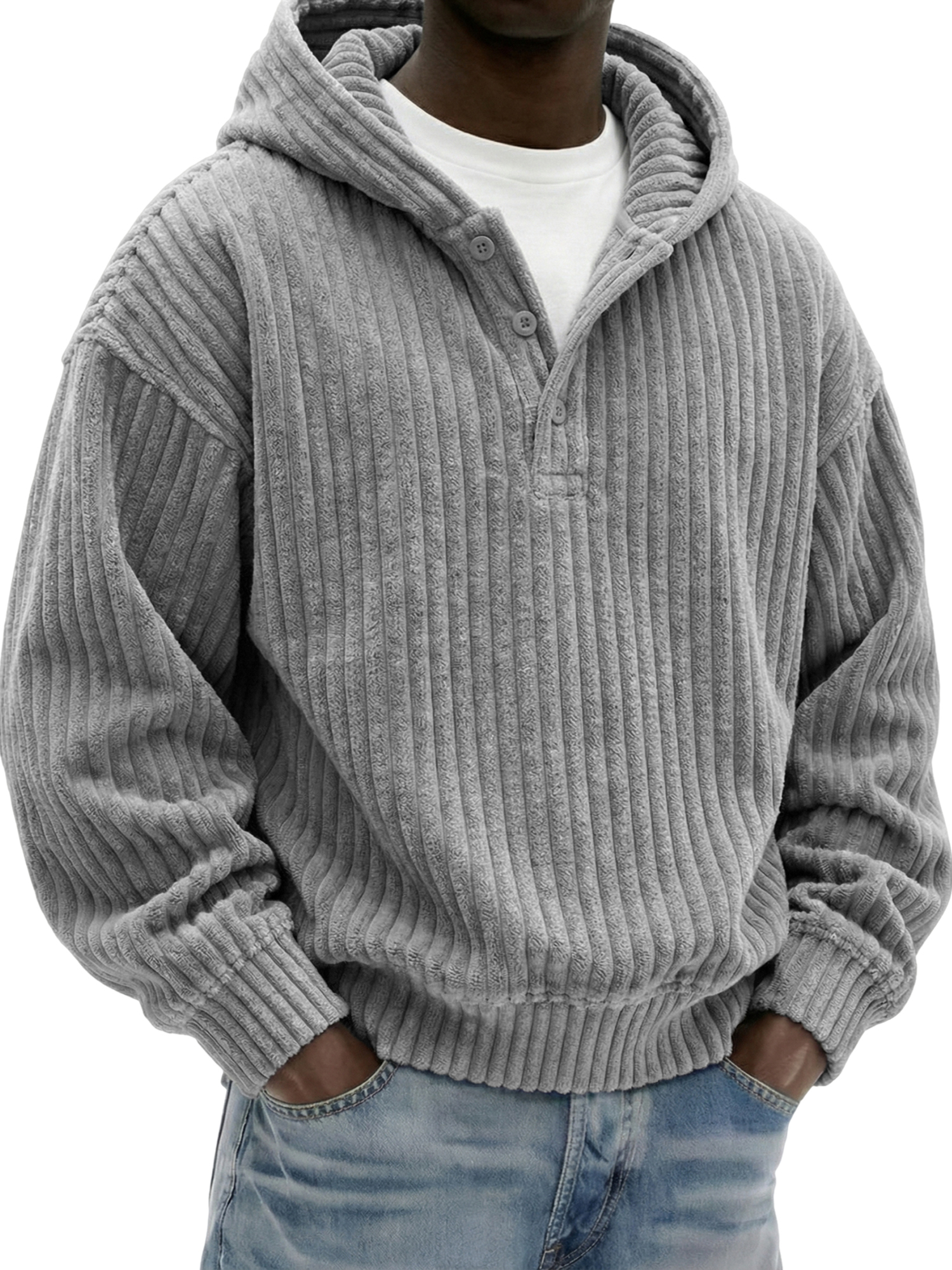 Men's Vintage Corduroy Ribbed Henley Button-down Hoodie Loose-Fit Comfort Pullover