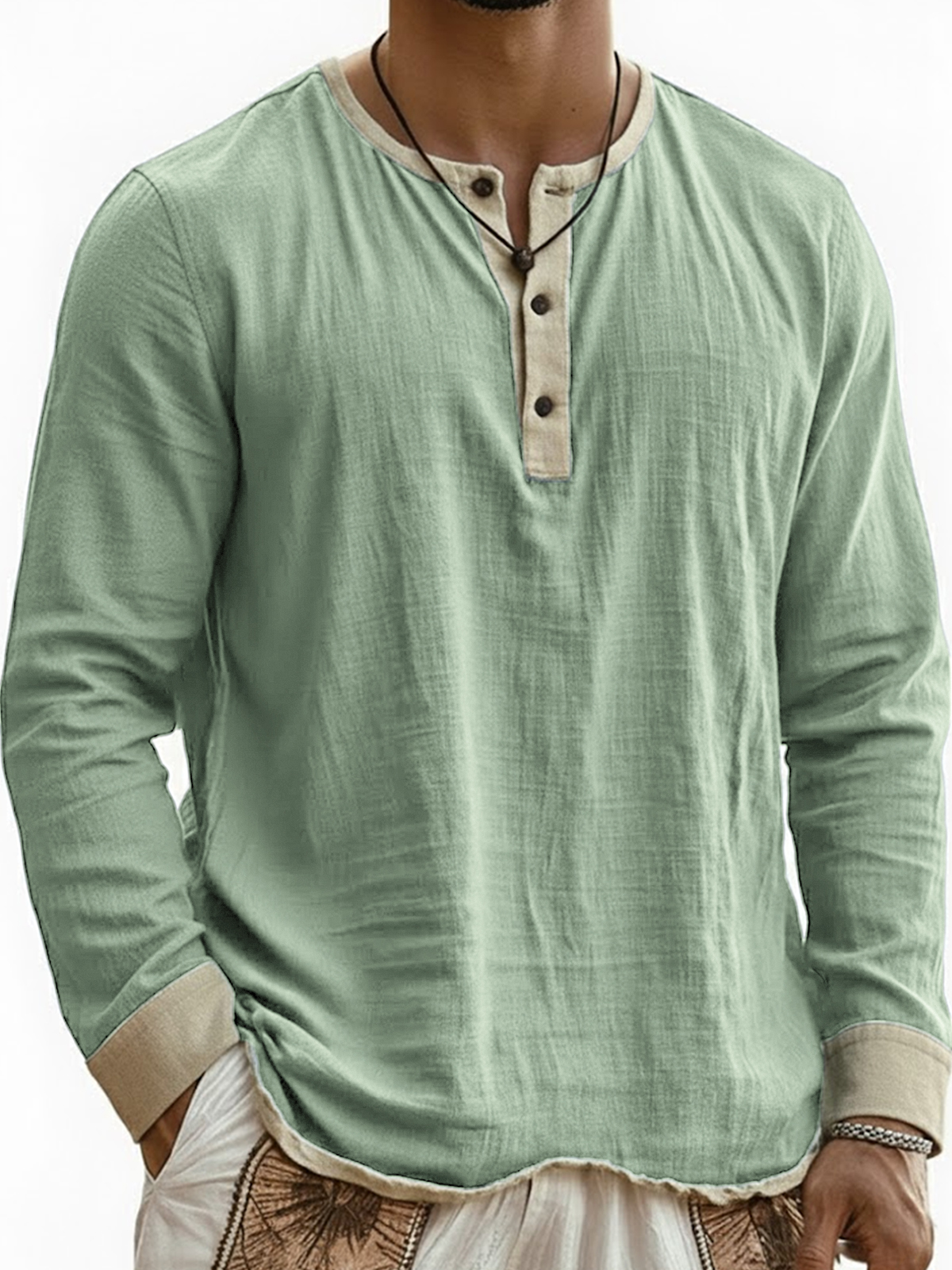 Men's Breathable Linen Wrinkled Textured Color-blocked Henley Long-sleeved Top