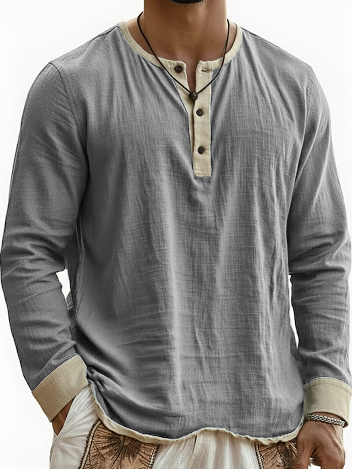 Men's Breathable Linen Wrinkled Textured Color-blocked Henley Long-sleeved Top