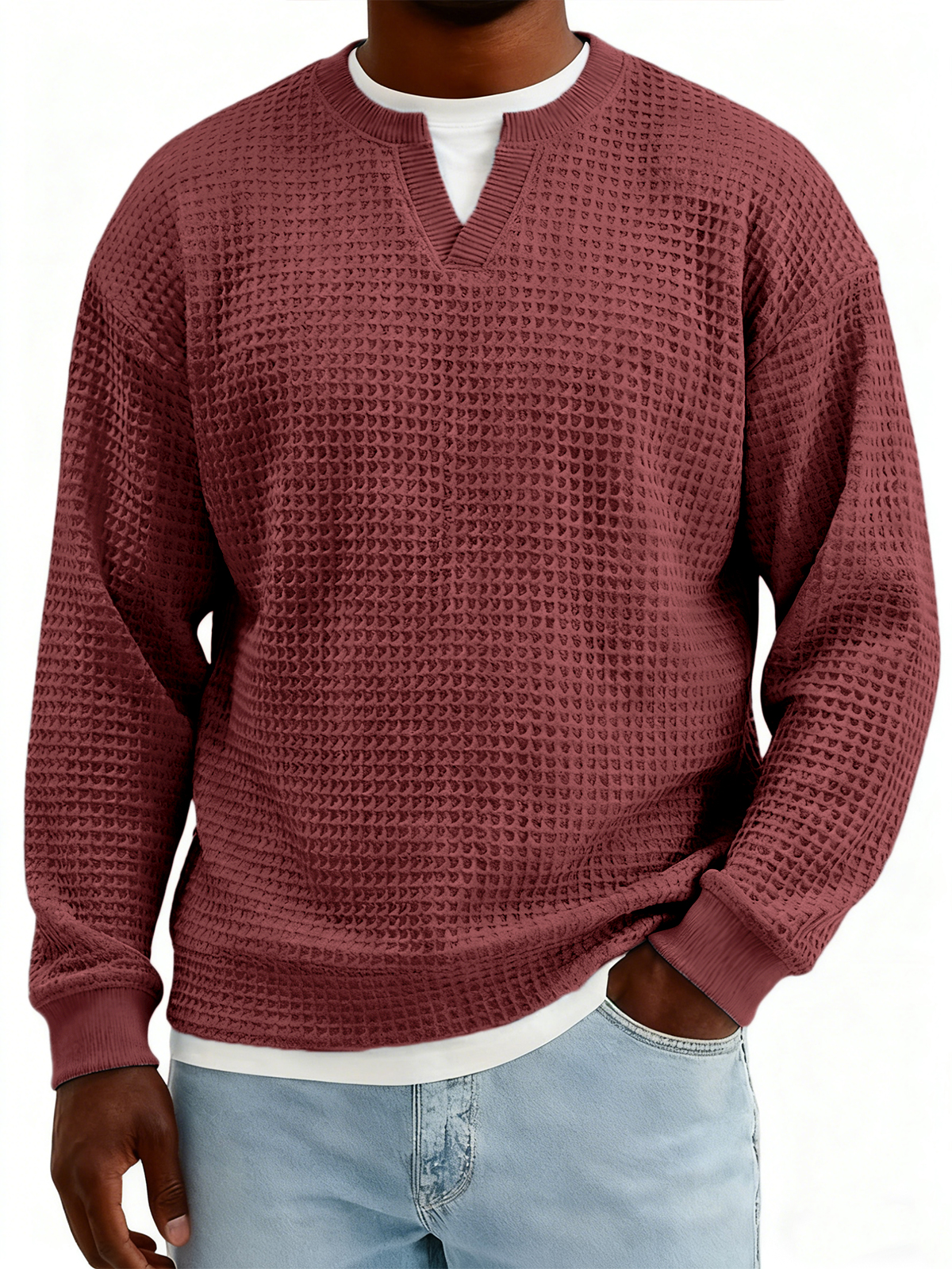 Men's Textured Waffle-knit Henley V-neck Long-sleeved Top
