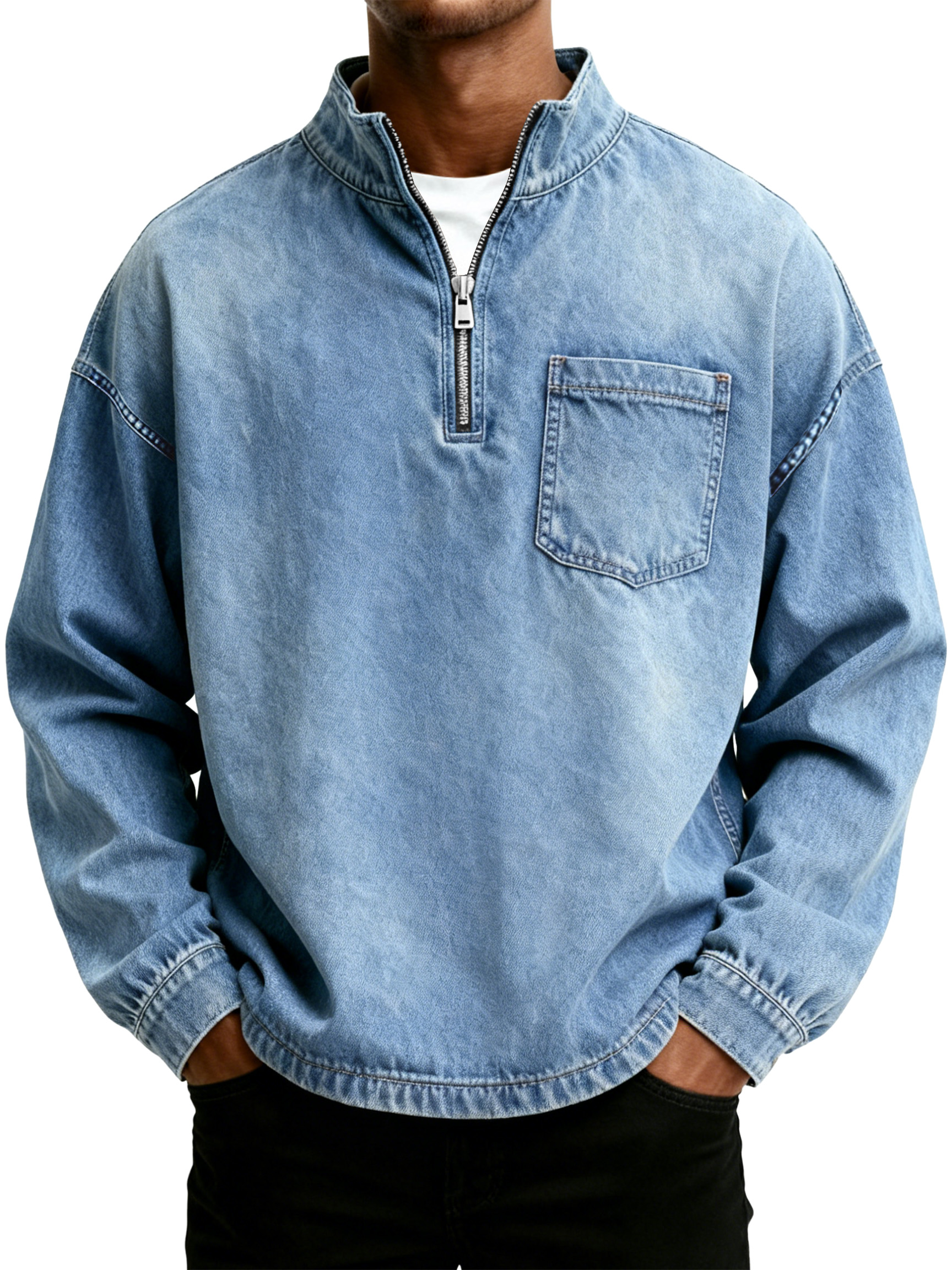 Men's Retro Washed Distressed Stand Collar Half Zipper Pocket Long Sleeve T-Shirt
