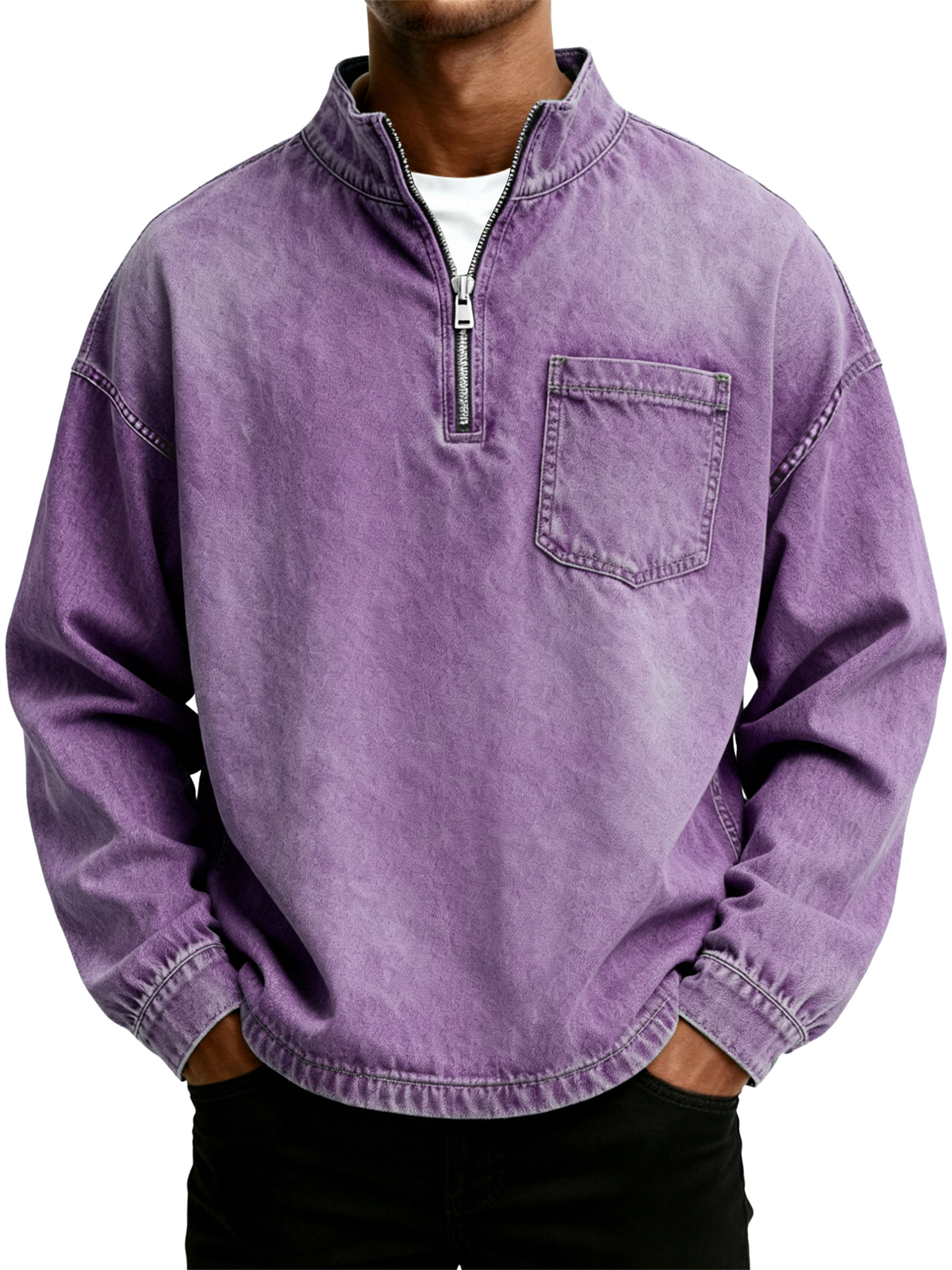 Men's Retro Washed Distressed Stand Collar Half Zipper Pocket Long Sleeve T-Shirt
