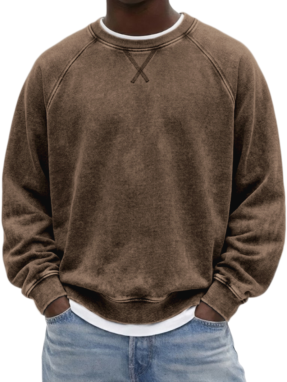 Men's Vintage Heavyweight Terry Cotton Washed Raglan Crewneck Sweatshirt with Embroidered Patchwork