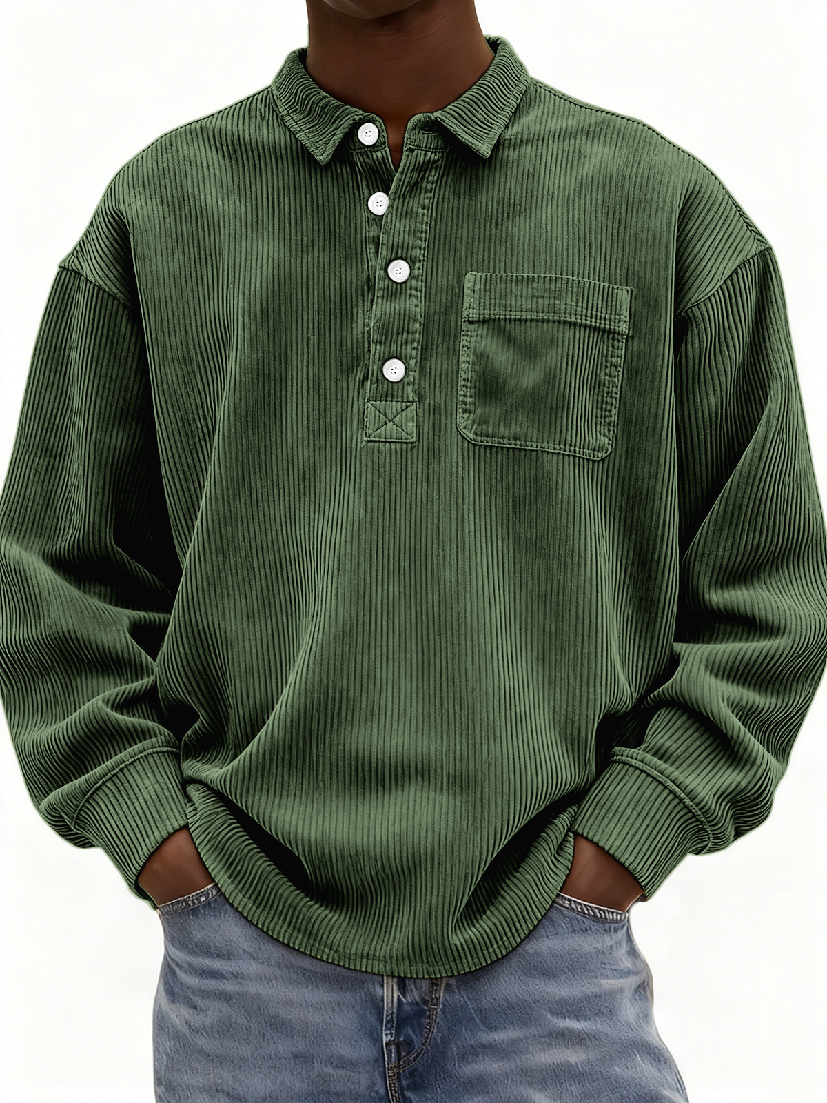 Men's Simple Corduroy Ribbed Button-down Pullover Polo Shirt with Chest Pocket