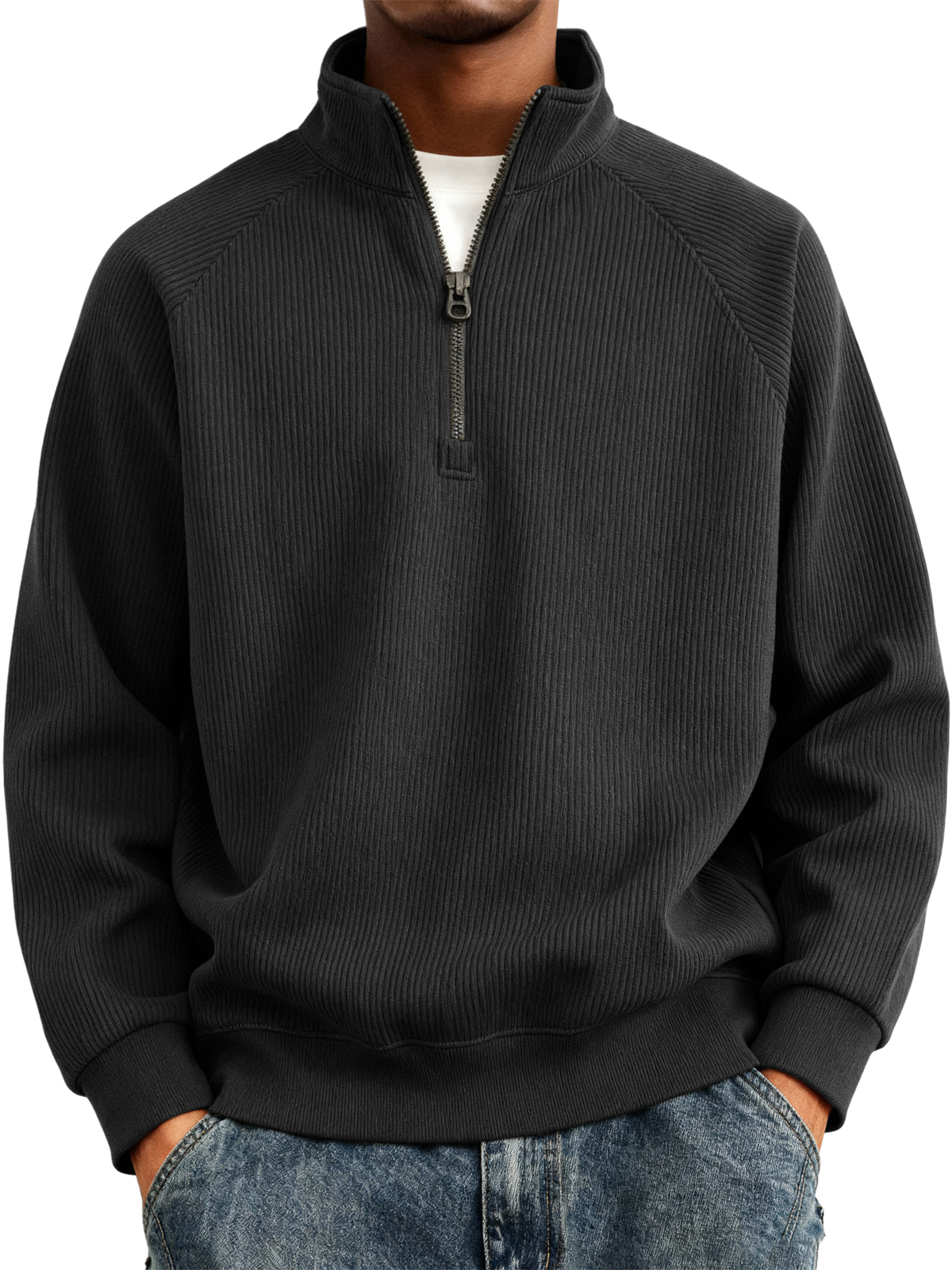 Men's Simple Casual Ribbed Stand Collar Zipper Raglan Sleeve Sweatshirt