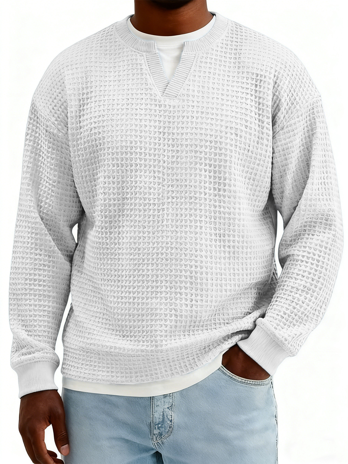 Men's Textured Waffle-knit Henley V-neck Long-sleeved Top