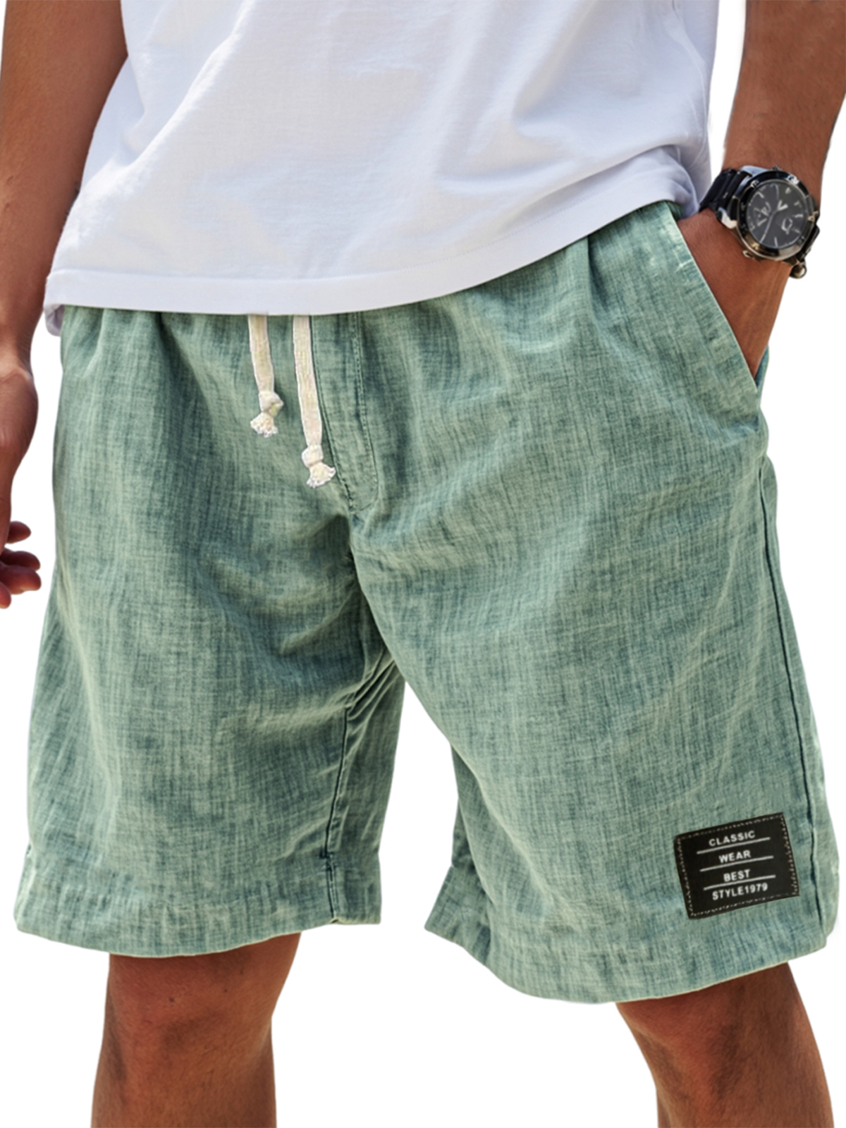 Mens Linen Vacation Classic Embroidered Label Everyday Comfort Shorts