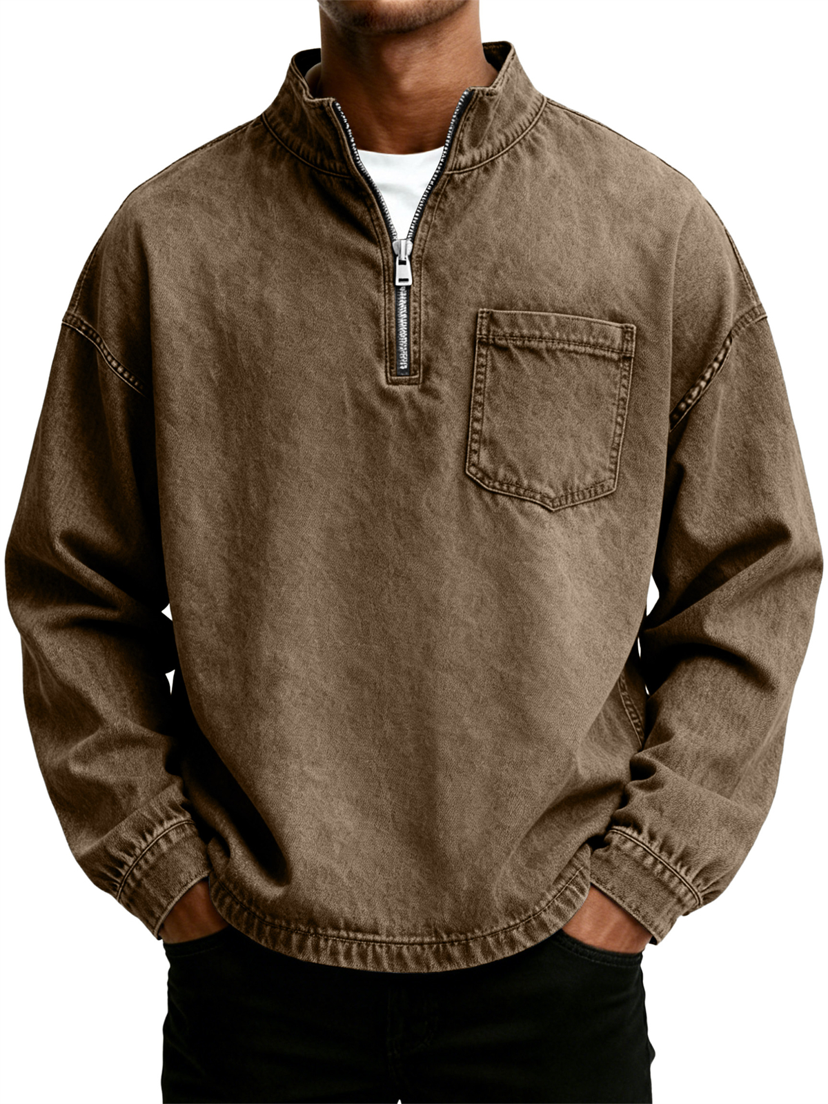 Men's Retro Washed Distressed Stand Collar Half Zipper Pocket Long Sleeve T-Shirt