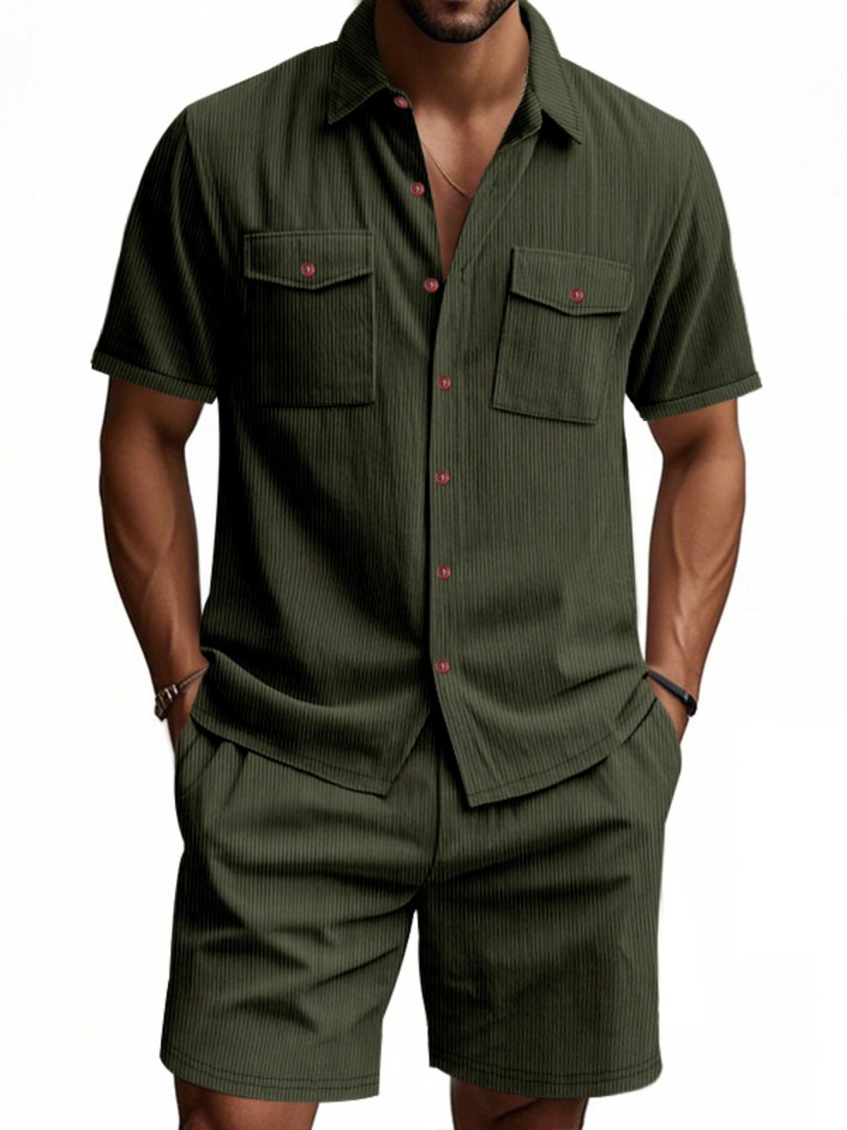 Men's Corduroy Double Pocket Texture Casual Short-sleeved Shirt Shorts Two-piece Suit