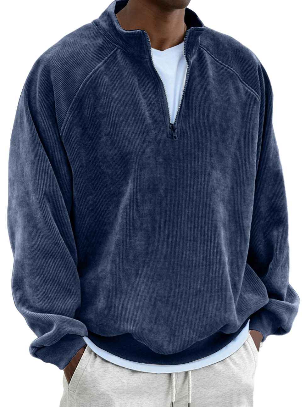 Men's Retro Fashion Corduroy Patchwork Raglan Sleeve Quarter Zip Sweatshirt