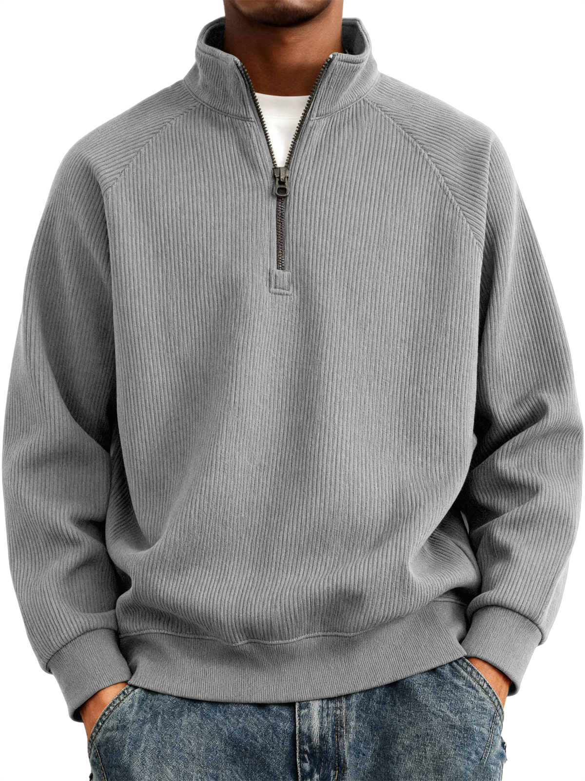 Men's Simple Casual Ribbed Stand Collar Zipper Raglan Sleeve Sweatshirt