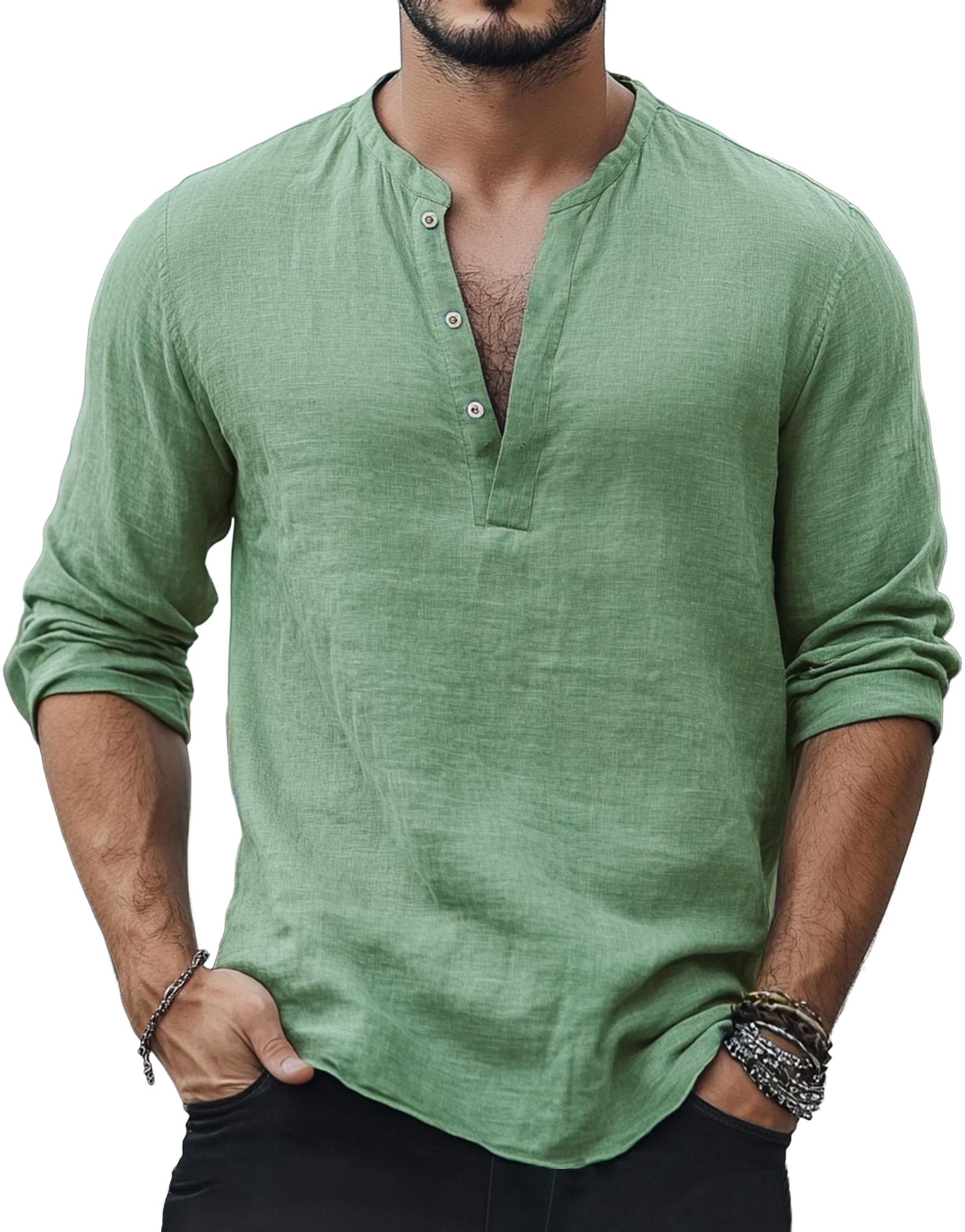 Men's Casual Fashion Basic Casual Henley Collar Cotton And Linen Long-sleeved Top