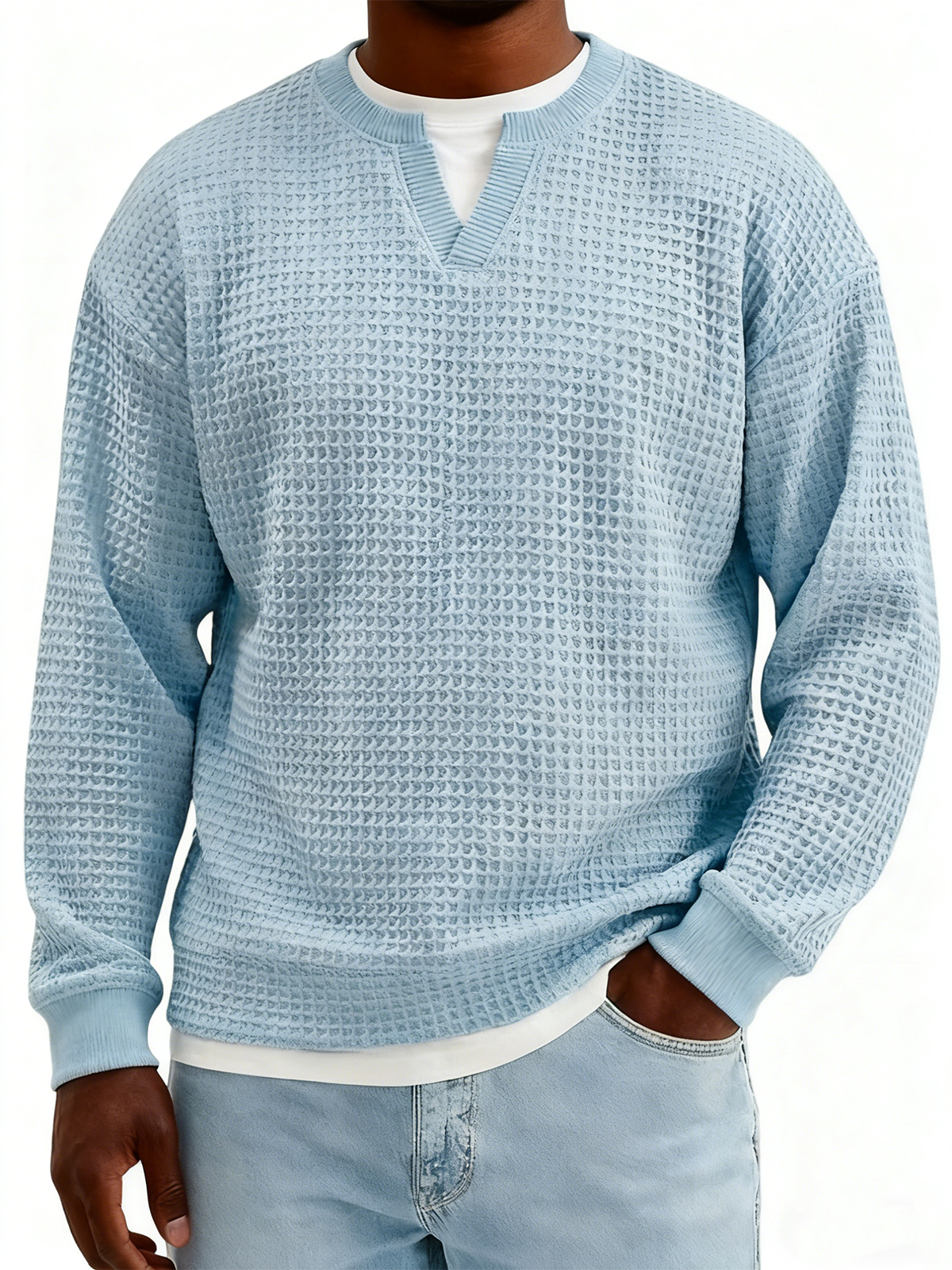 Men's Textured Waffle-knit Henley V-neck Long-sleeved Top
