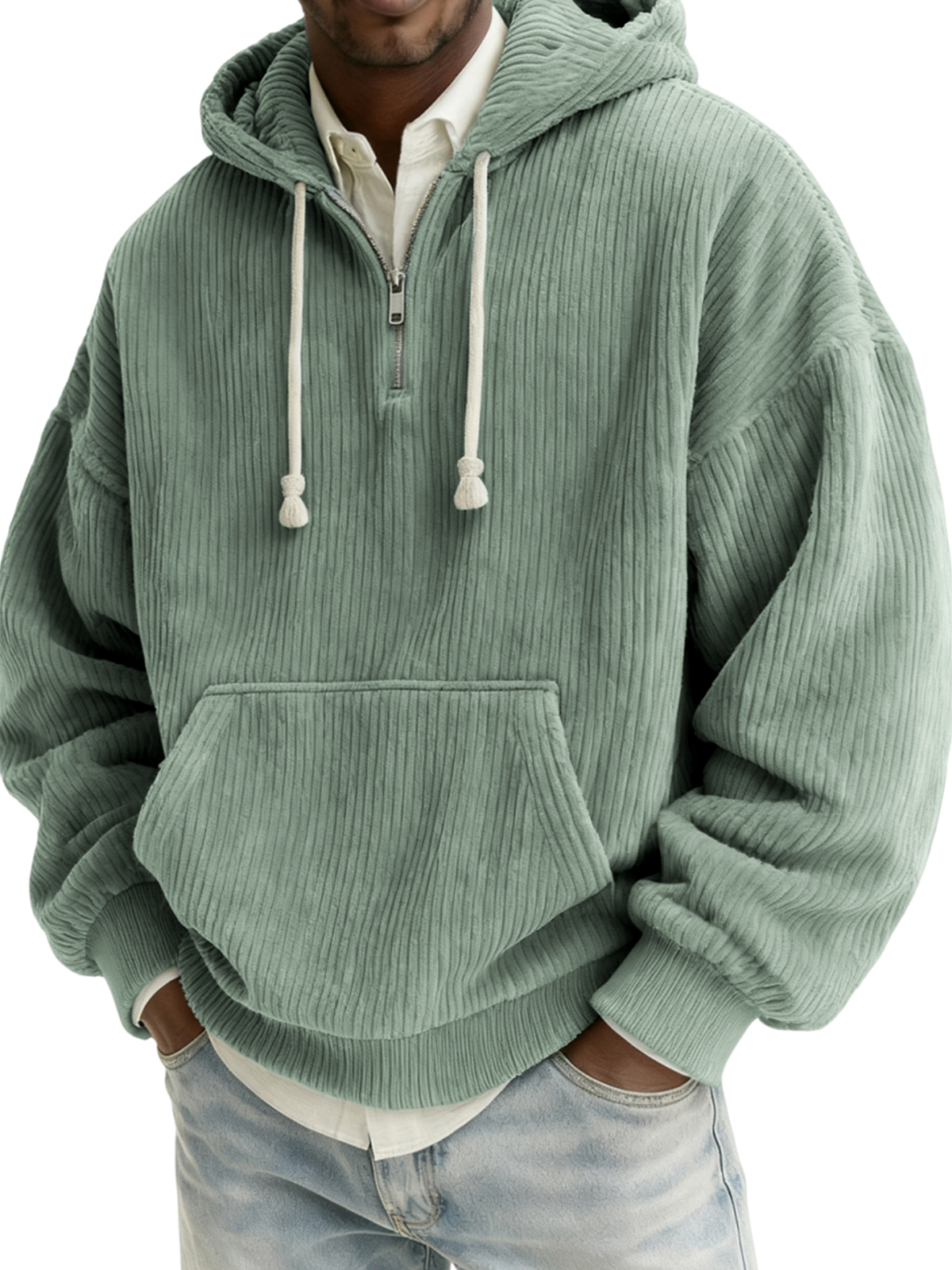 Men's Stylish Quarter-zip Corduroy Hooded Sweatshirt with Kangaroo Pockets