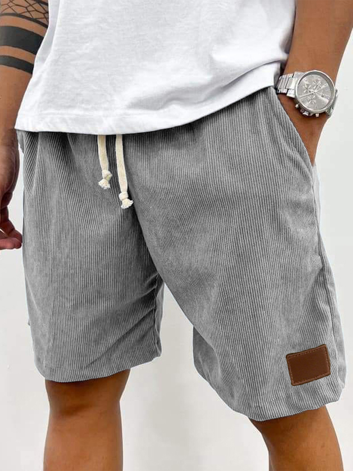Men's Stylish Corduroy Embroidered Logo Everyday Beach Loose Shorts