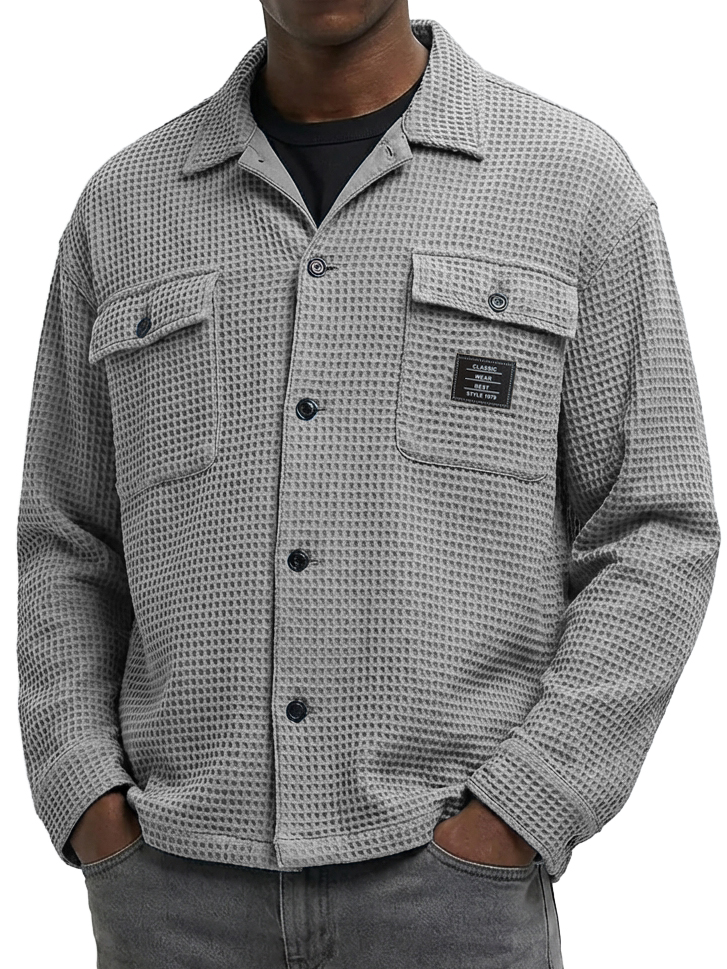 Men's Casual Waffle Fabric Double Pocket Long-Sleeve Shirt