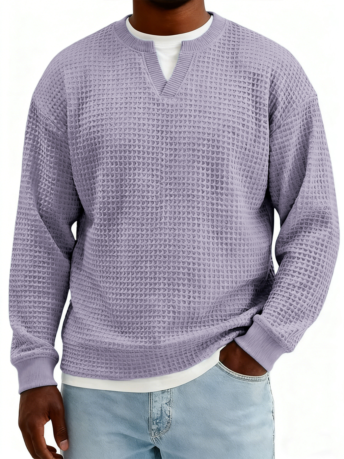 Men's Textured Waffle-knit Henley V-neck Long-sleeved Top