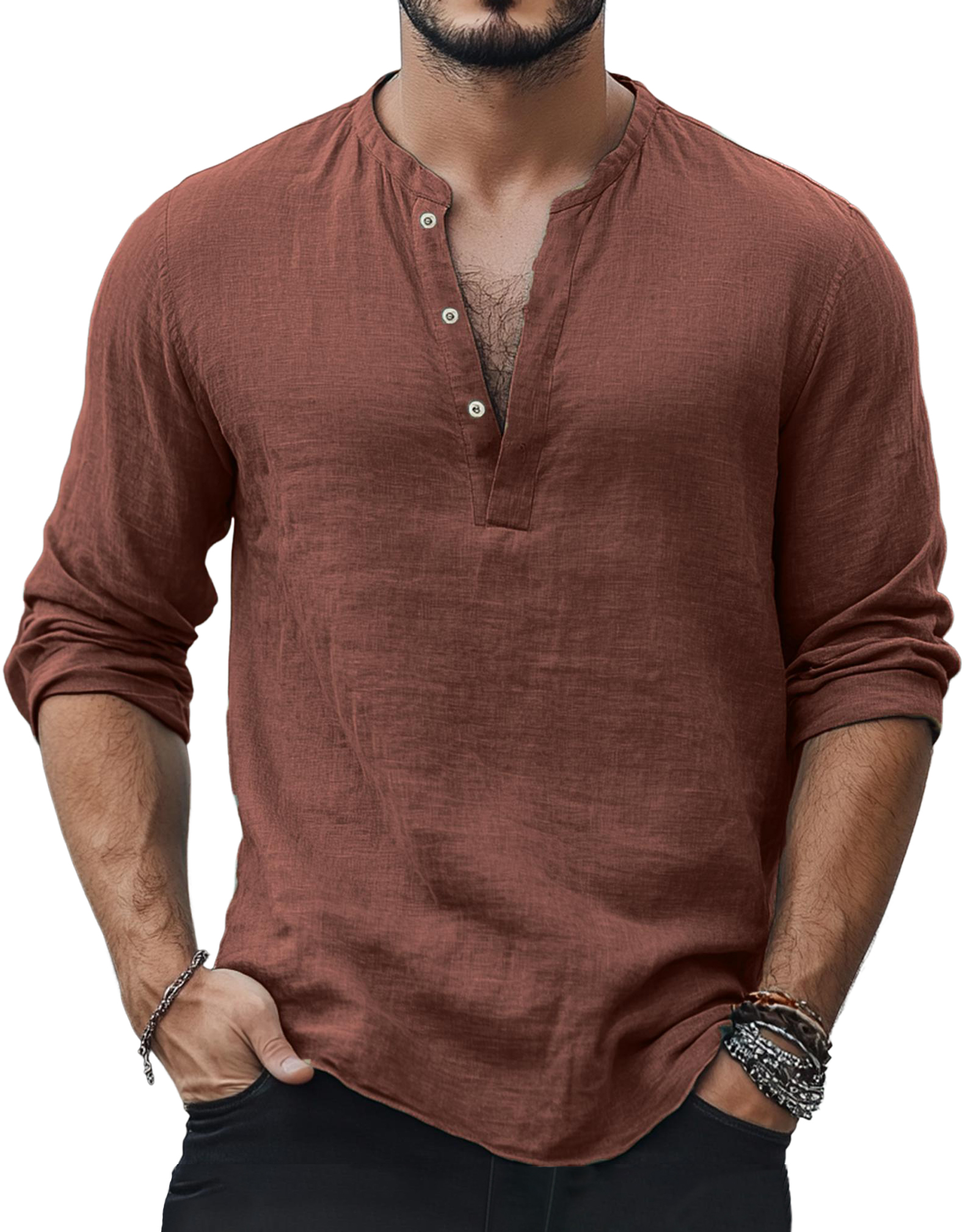 Men's Casual Fashion Basic Casual Henley Collar Cotton And Linen Long-sleeved Top