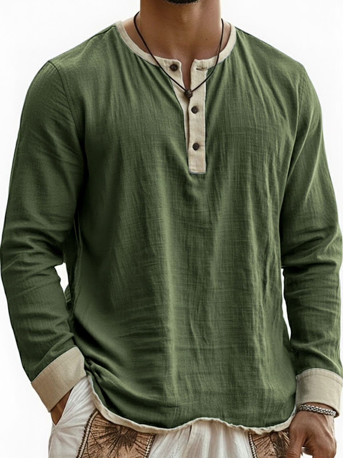 Men's Breathable Linen Wrinkled Textured Color-blocked Henley Long-sleeved Top